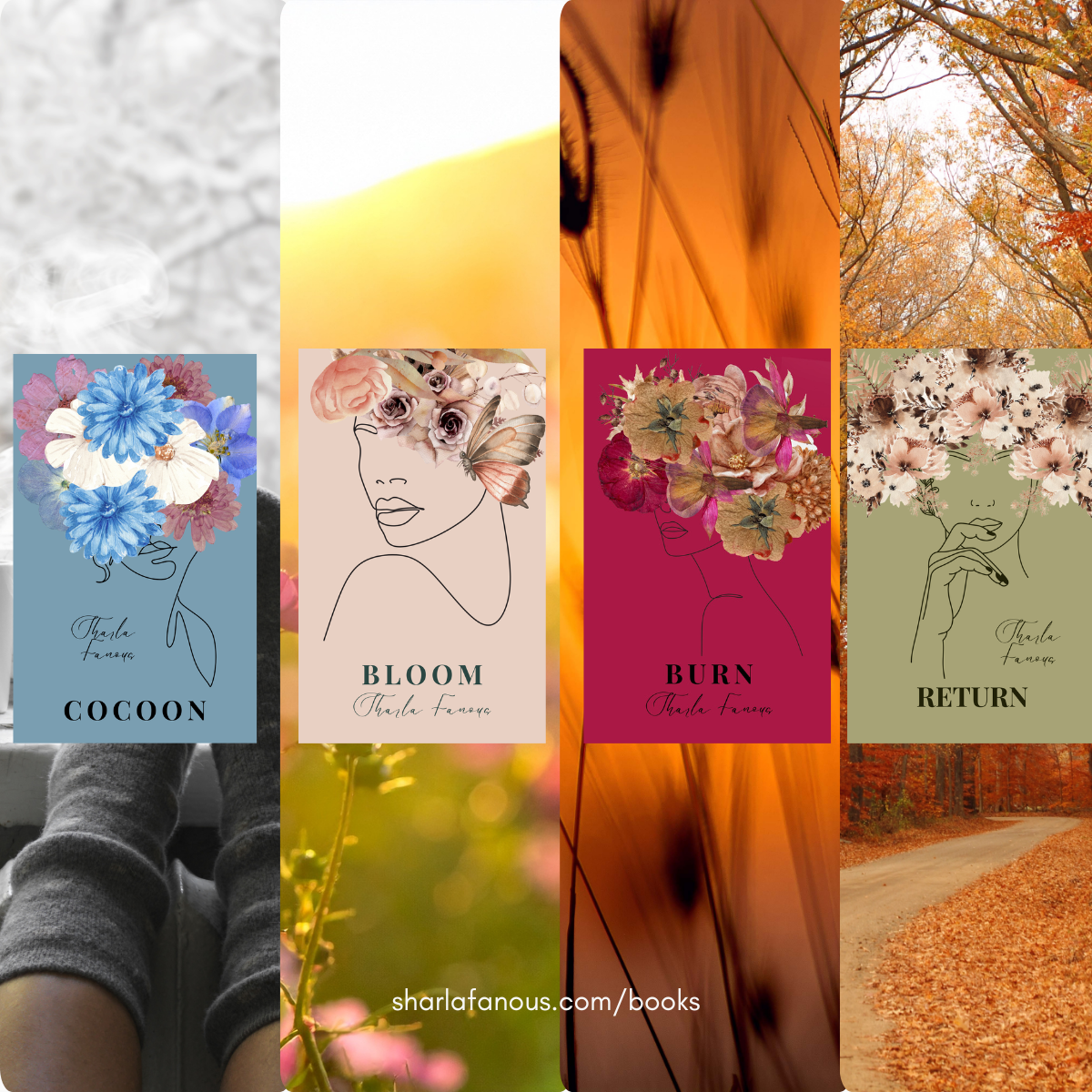 Four book covers titled 'Cocoon,' 'Bloom,' 'Burn,' and 'Return,' with floral illustrations and abstract line art of women on each cover. Background images include a snowy landscape, a sunset, close-up of fall leaves, and a leafless autumn tree over a forest path.