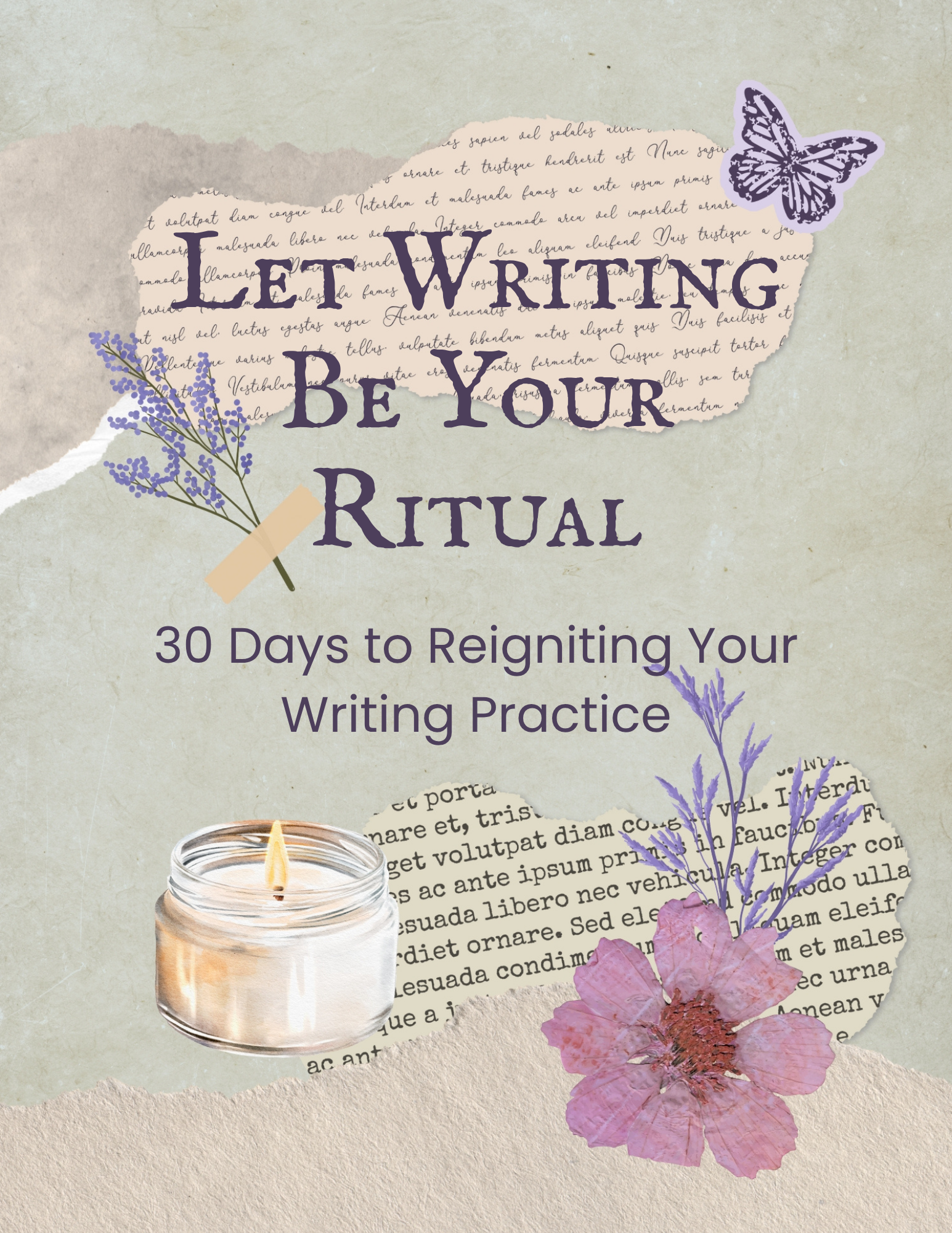 A collage featuring a lit candle in a glass jar, purple lavender sprigs, pinkish-purple leaves, torn pieces of paper with handwritten text, and a background with torn paper layers and handwritten script.