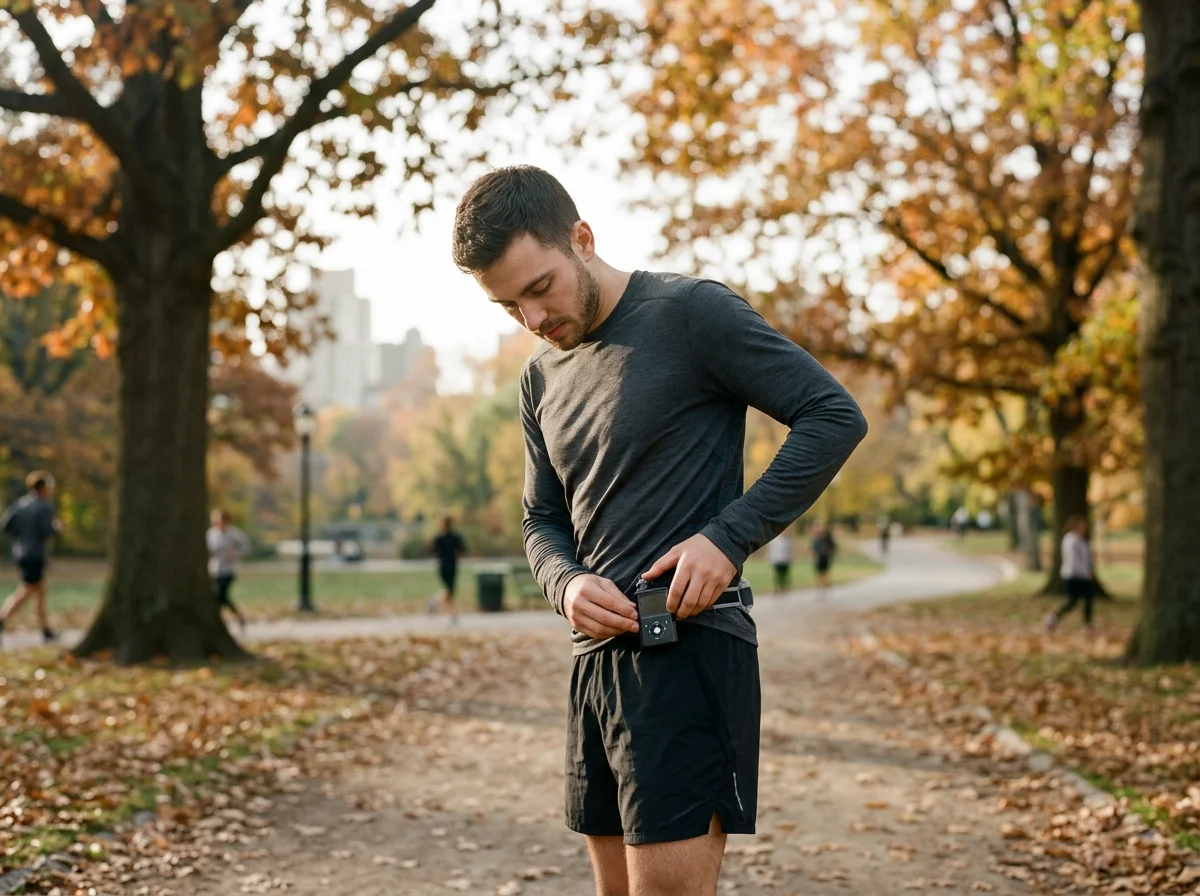 Young man with type 1 diabetes checking his insulin pump after a morning run in the park