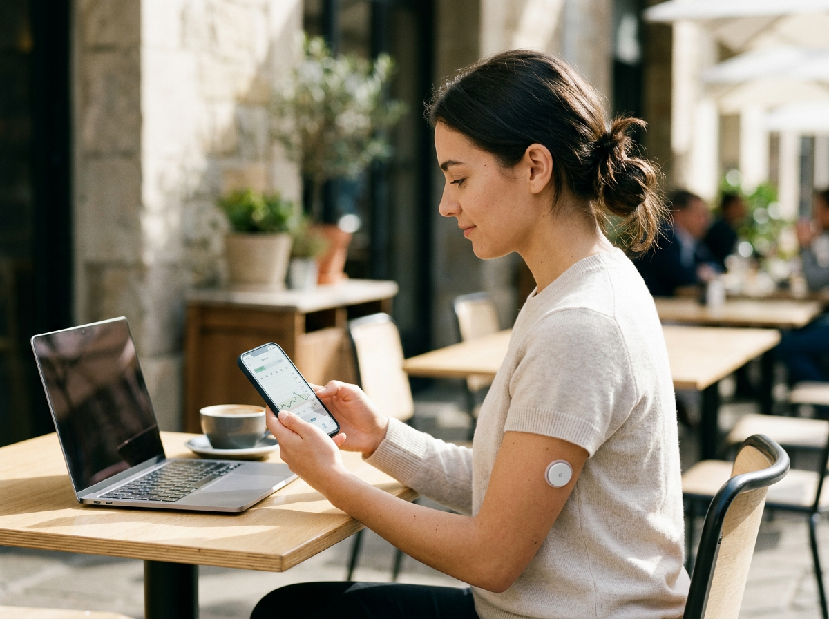 Young adult with type 1 diabetes checking continuous glucose monitor data on her phone at a cafe