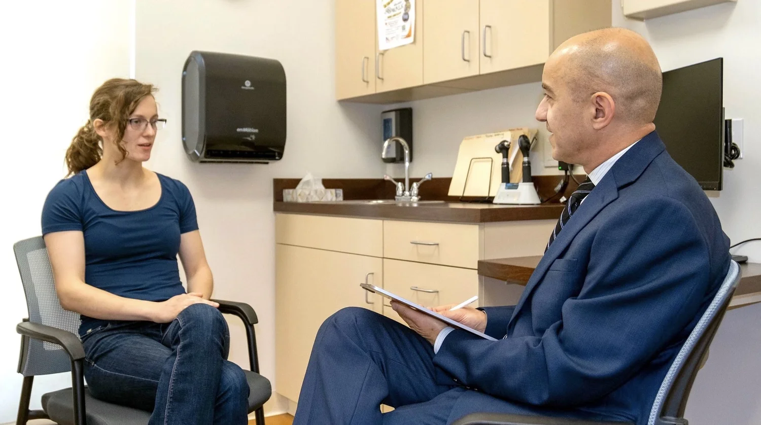 Dr. Farhad Hasan, board-certified endocrinologist, talking with a patient in the exam room at Chia Endocrinology & Wellness in Wexford, PA