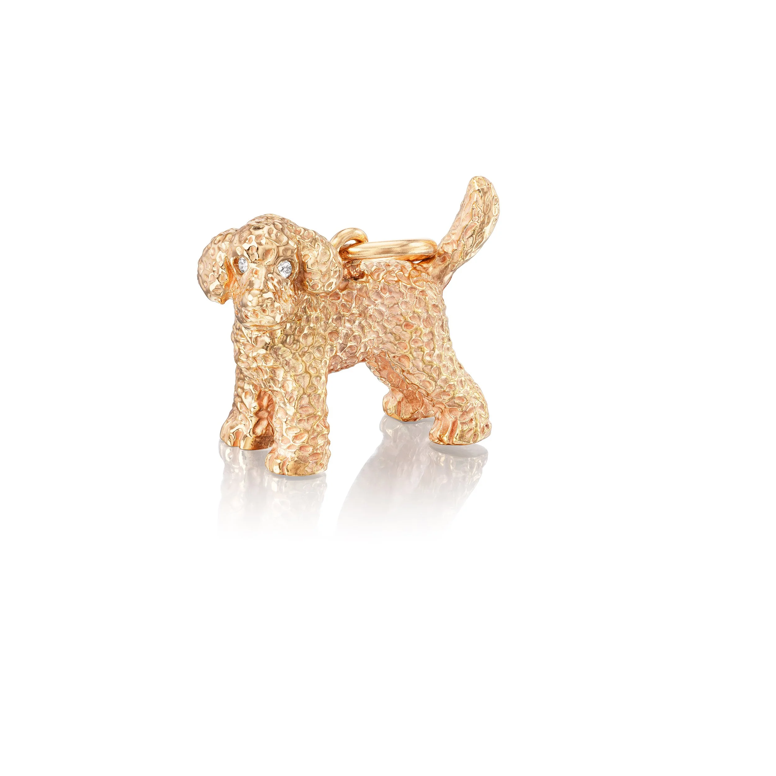 Front view of 18k gold Toy Poodle pendant with diamond eyes
