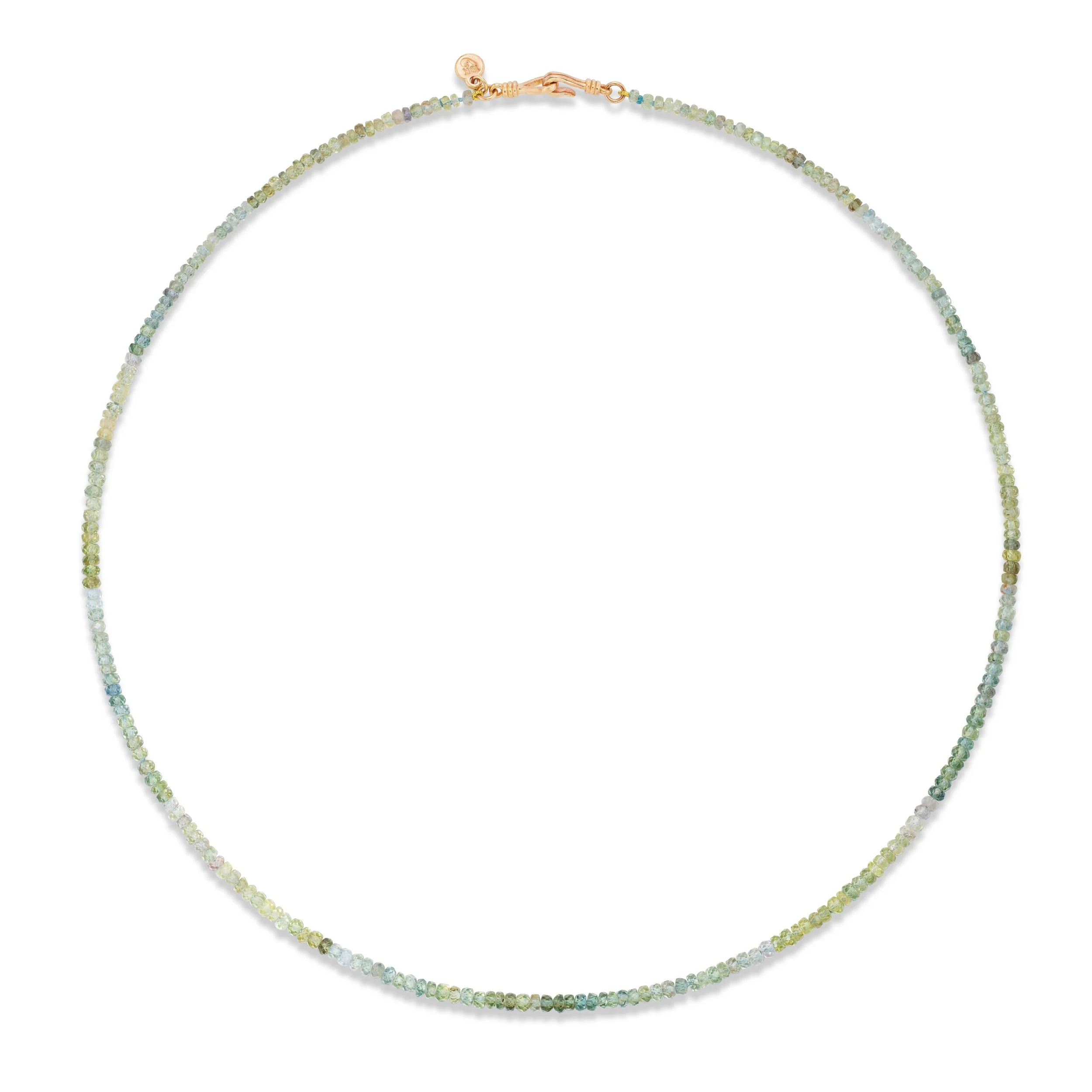 Montana sapphire bead necklace in green-blue-teal ombré, top view
