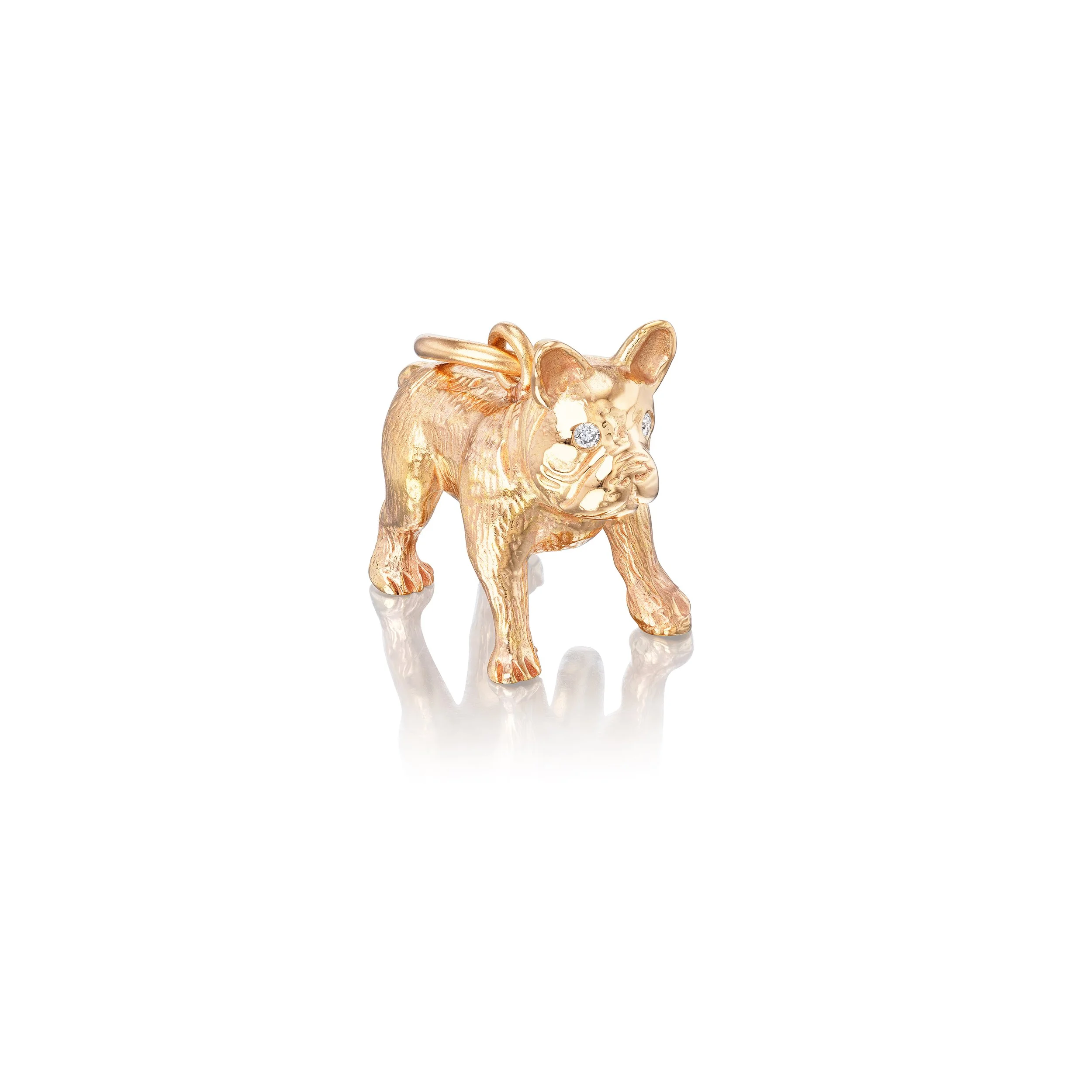 French Bulldog pendant in 18k gold with diamond eyes, front view