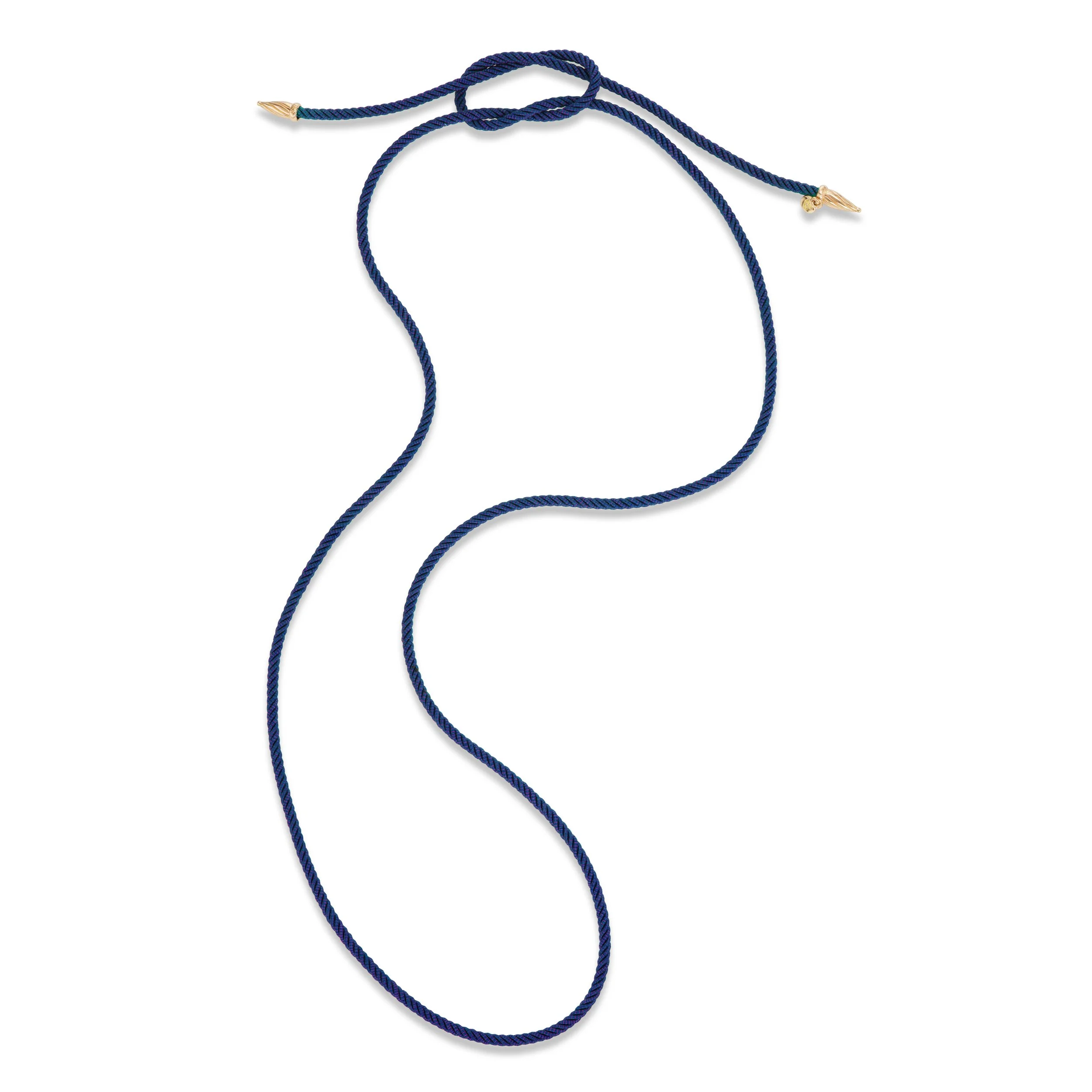 Blue silk cord necklace with 18k gold ends, top view showing full length