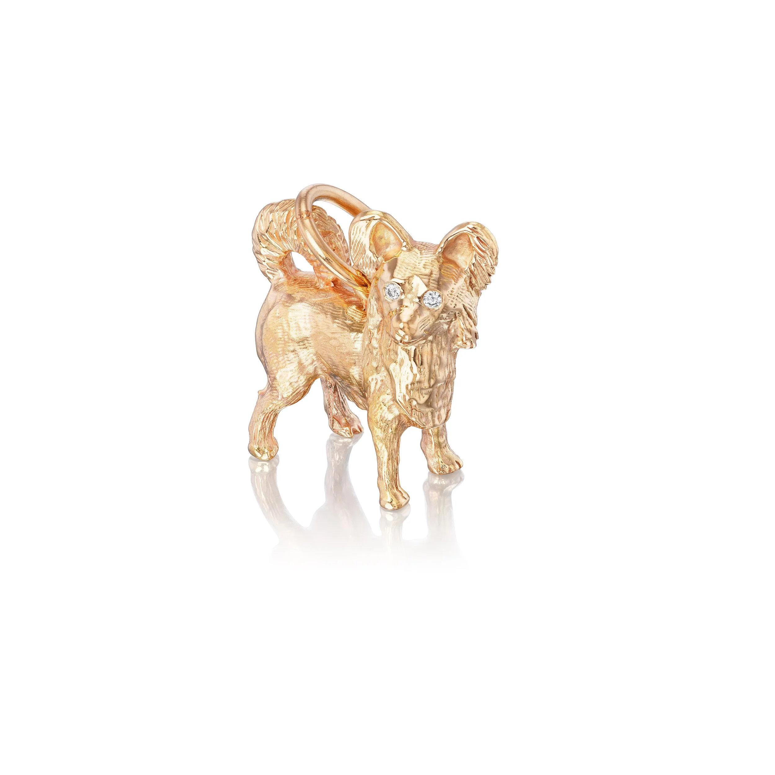 Long-hair Chihuahua pendant in 18k gold with diamond eyes, front view