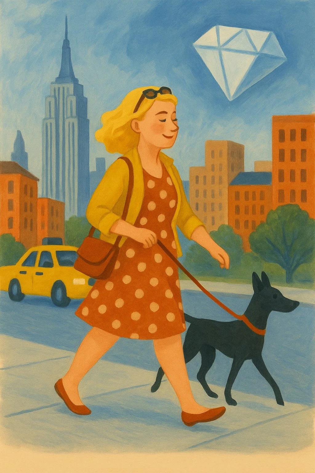 A young woman with blonde hair, wearing a polka dot dress, yellow cardigan, and sunglasses on her head, walks a black dog on a city sidewalk with tall buildings and trees in the background.