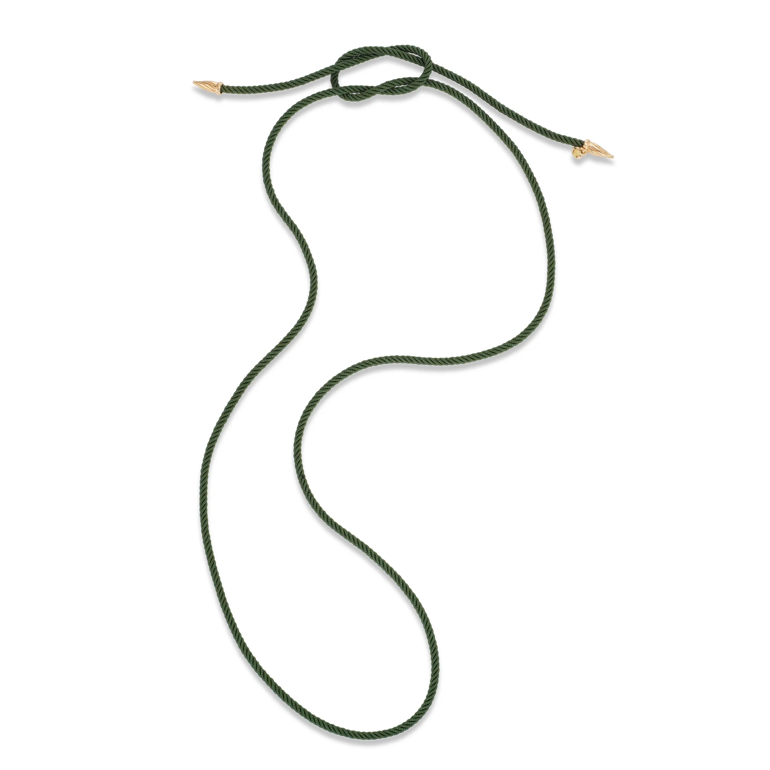 Green silk cord necklace with 18k gold ends, top view showing full length
