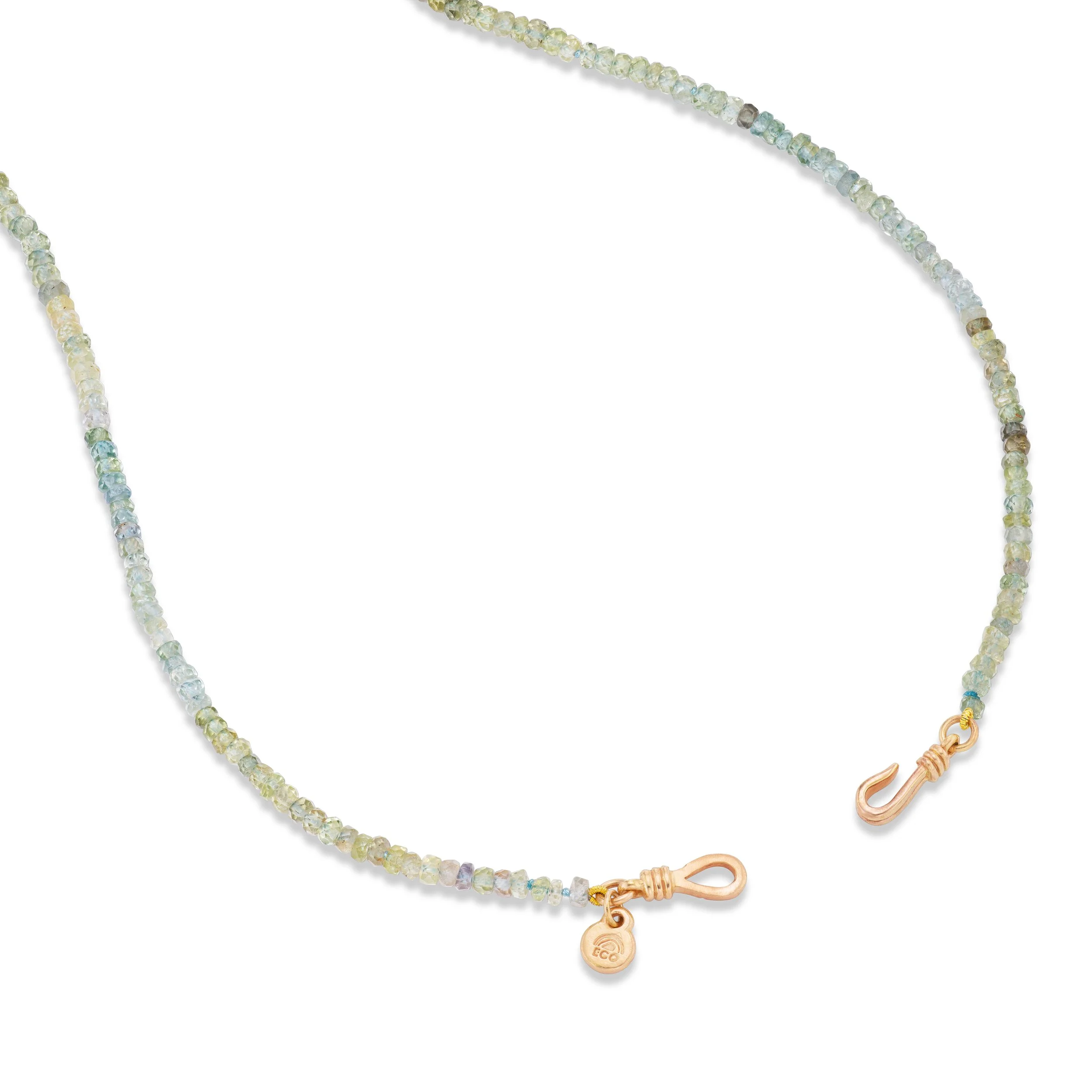 Montana sapphire bead necklace, close-up of 18k gold clasp