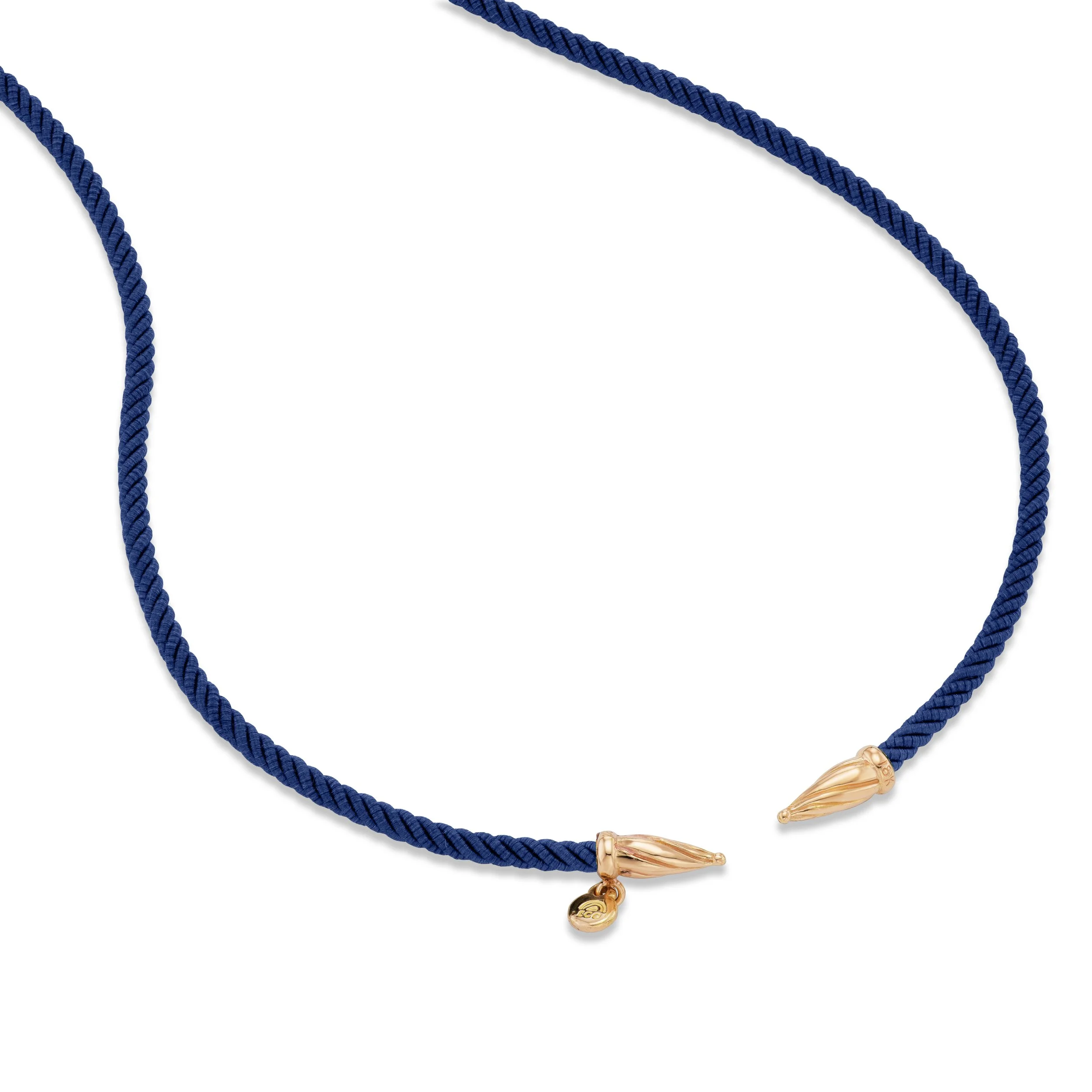 Blue silk cord necklace with 18k gold ends, close-up view