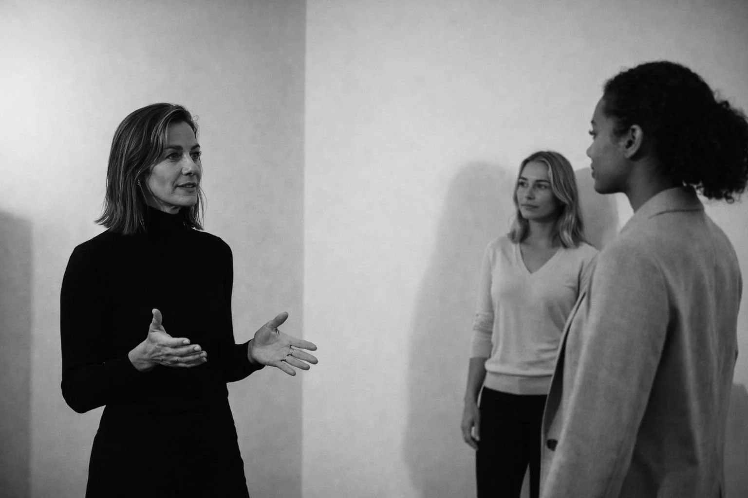 Three women engaged in a conversation, with one woman speaking and gesturing using her hands, in a grayscale photo.