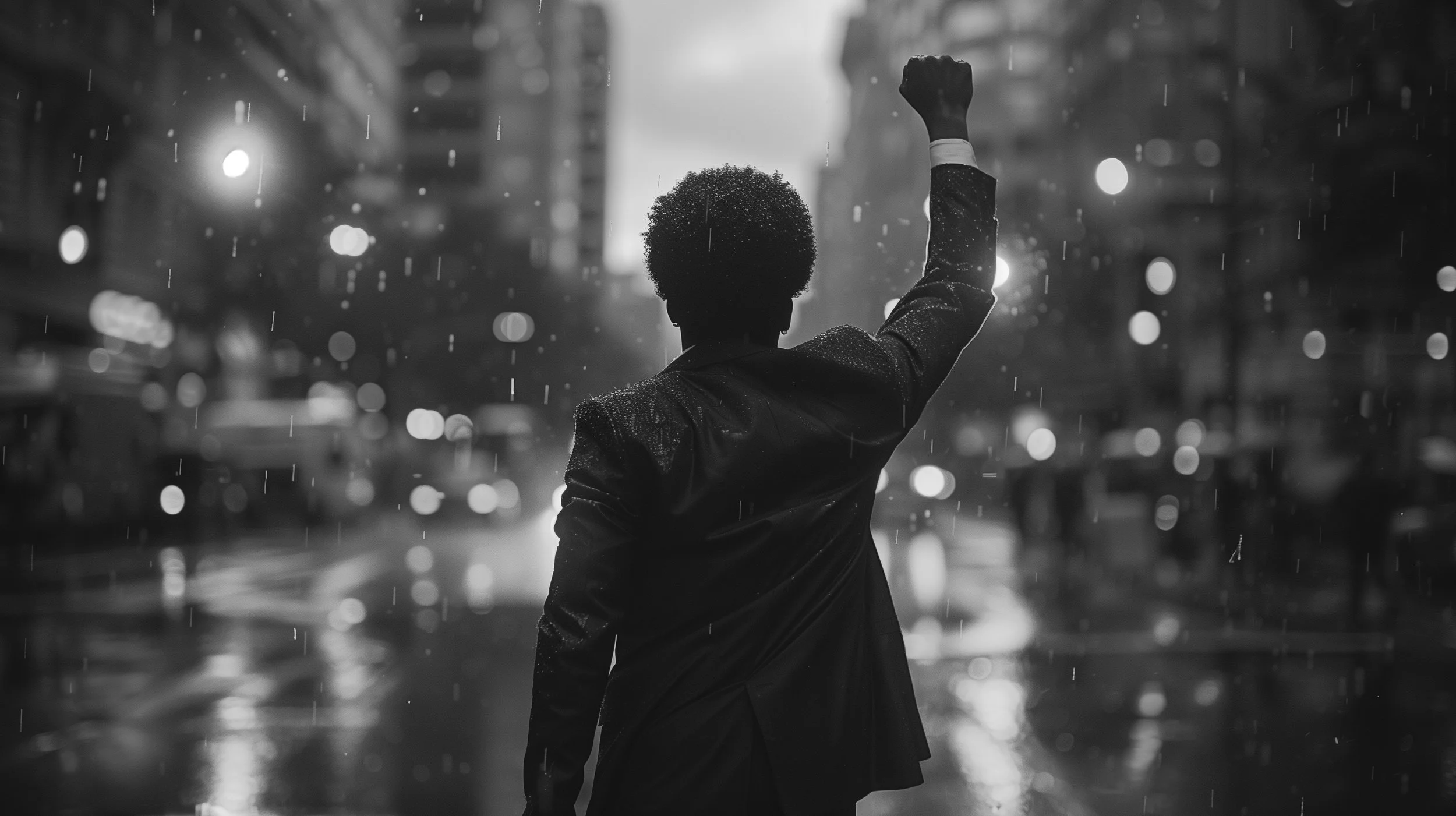 A person standing in the rain on a city street at night, raising their fist in the air, with blurred city lights in the background.