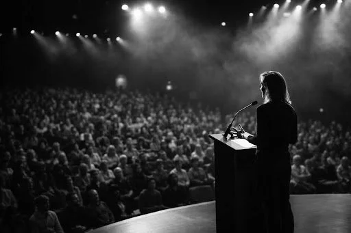 A woman speaking at a podium during a large event or conference with an audience in a darkened theater.
