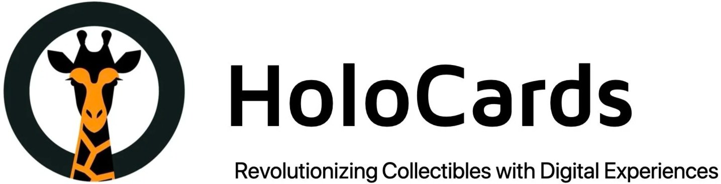 Logo with a stylized giraffe inside a circle and the text 'HoloCards' with the tagline 'Revolutionizing Collectibles with Digital Experiences'.
