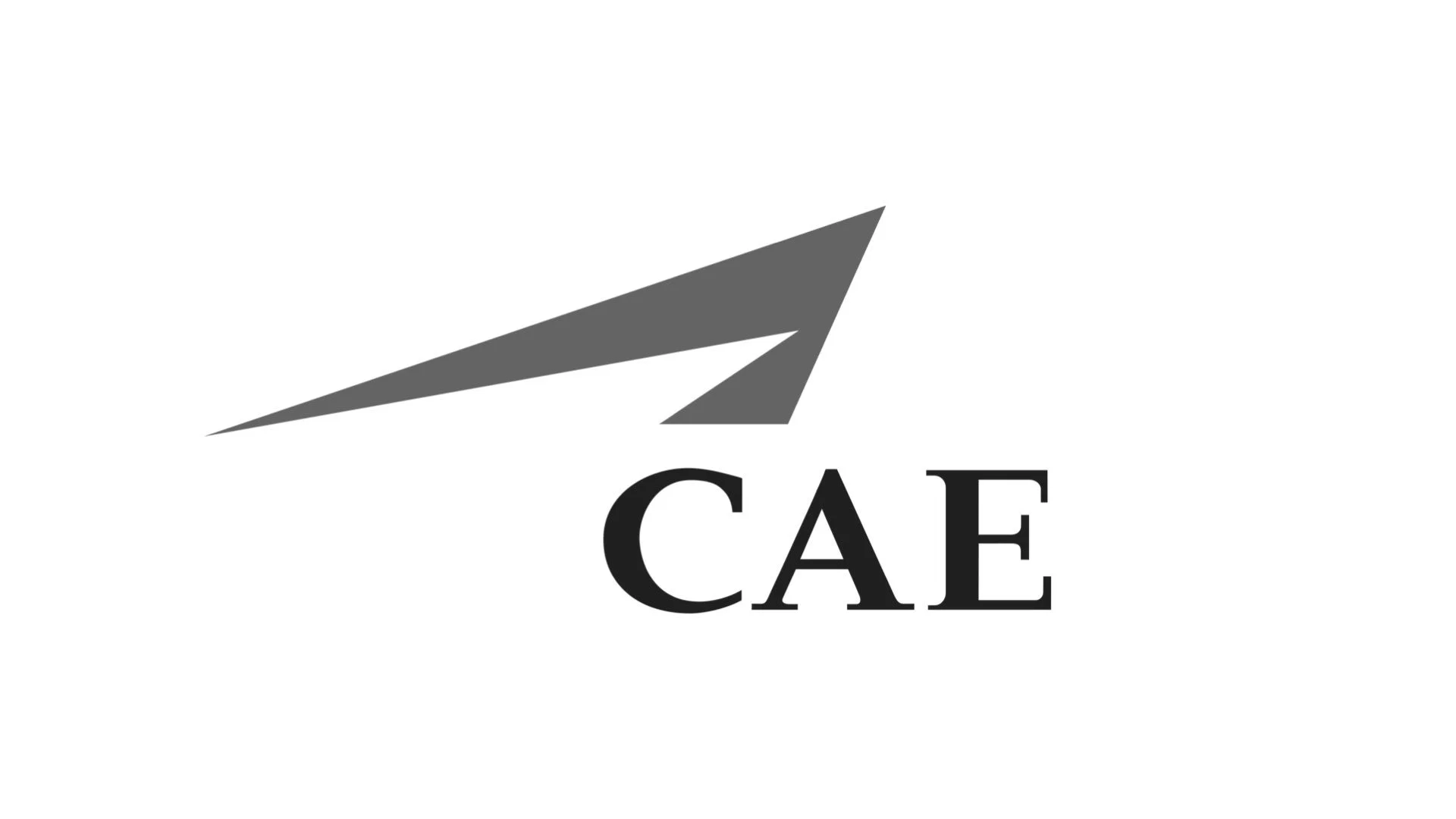 Gray paper airplane icon above the black letters 'CAE' on a white background.