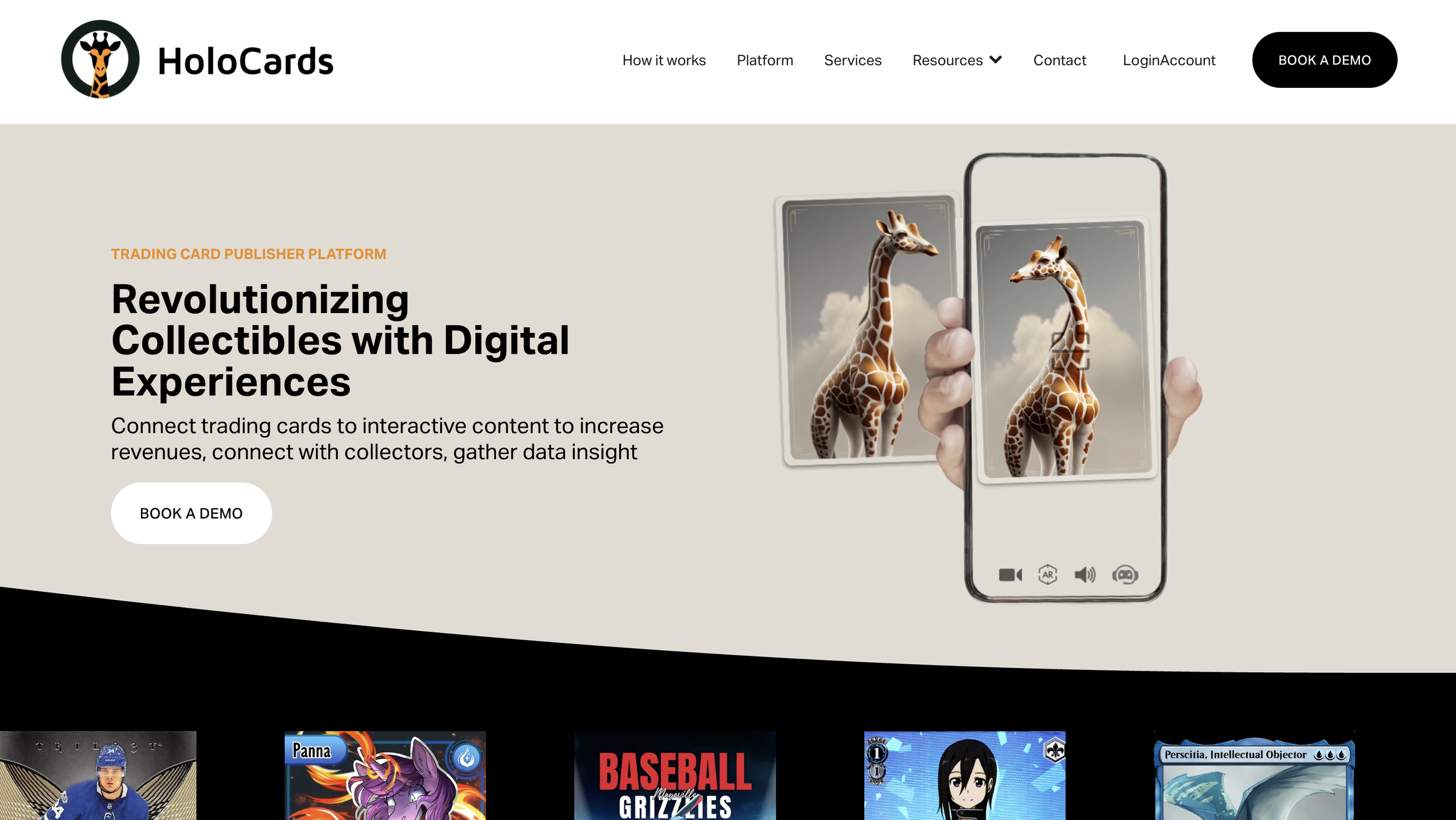 Homepage of HoloCards website featuring a giraffe and text about digital collectibles and interactive content.