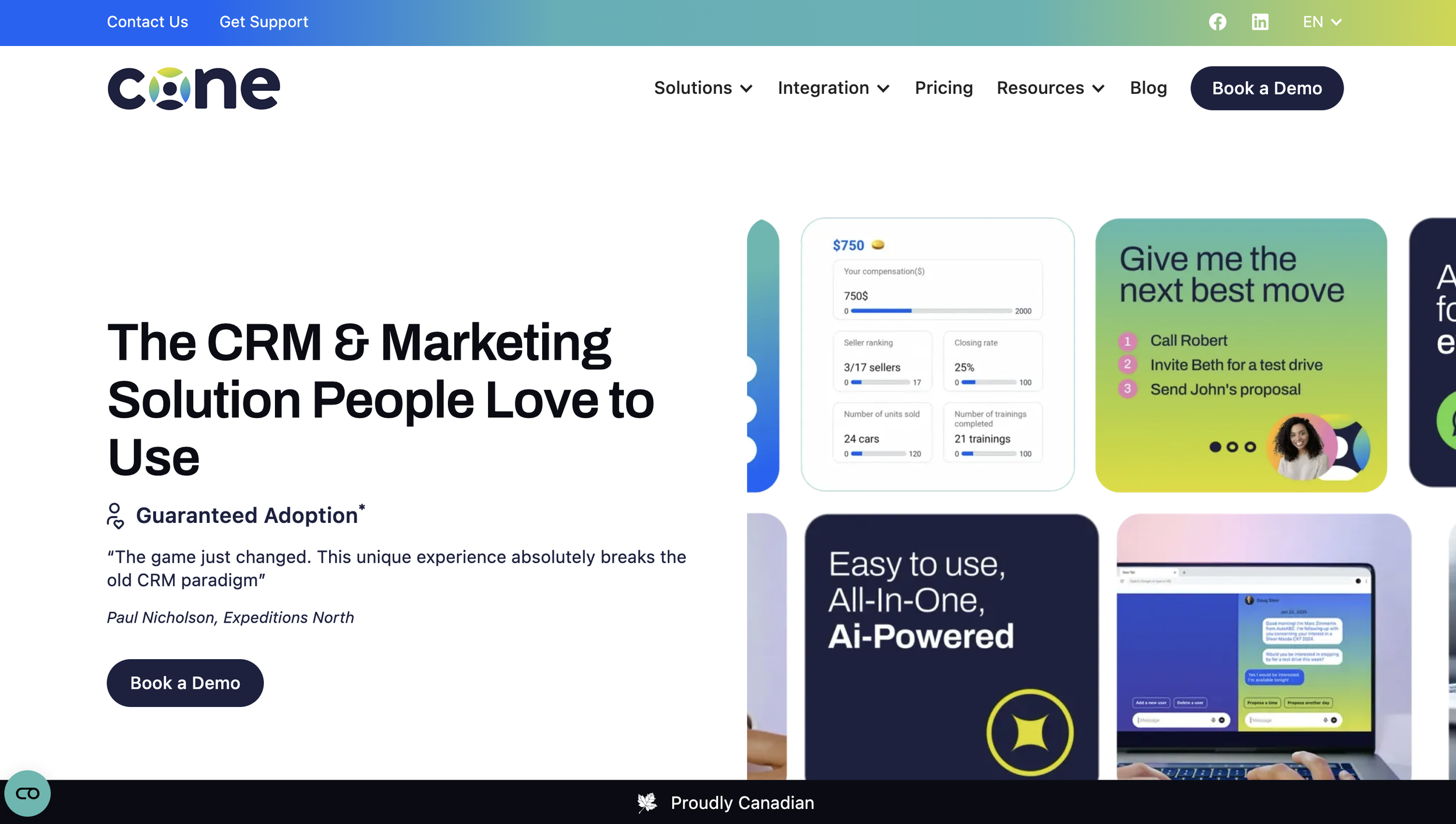 Screenshot of a website homepage for a CRM and marketing solution, featuring a headline 'The CRM & Marketing Solution People Love to Use,' a quote about guaranteed adoption, provided options to book a demo and various colorful informational sections.