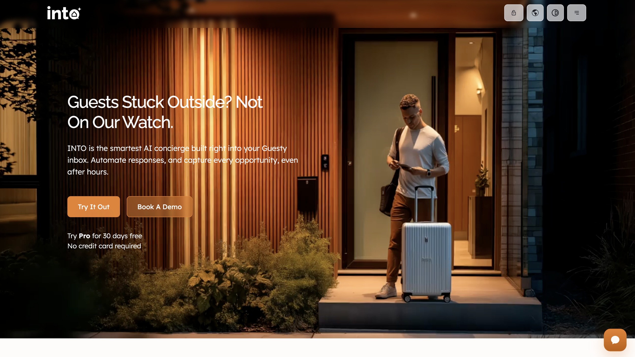 A promotional image for conversational AI with humans and robots in business attire and futuristic robots in a cityscape background.