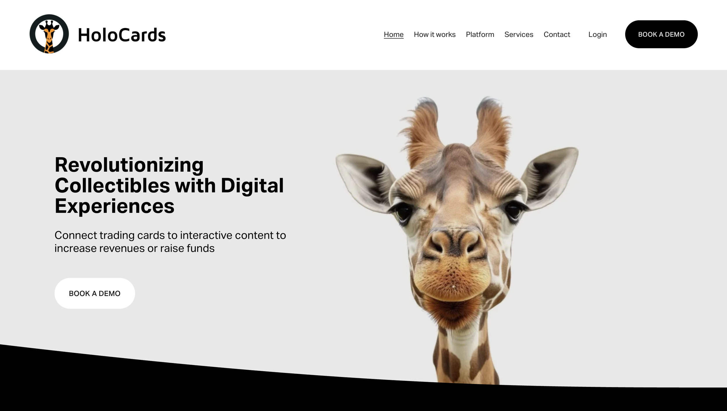 Screenshot of HoloCards website homepage showing a giraffe's face on the right, with black bold text that reads 'Revolutionizing Collectibles with Digital Experiences' and a subtext about connecting trading cards to interactive content, along with a 'Book a Demo' button.