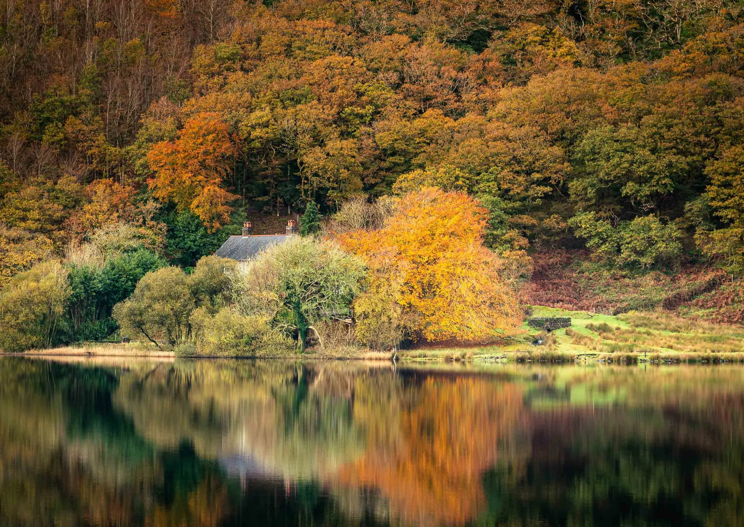 Scenic view of a house surrounded by colorful autumn trees beside a calm lake, with their reflections visible in the water.