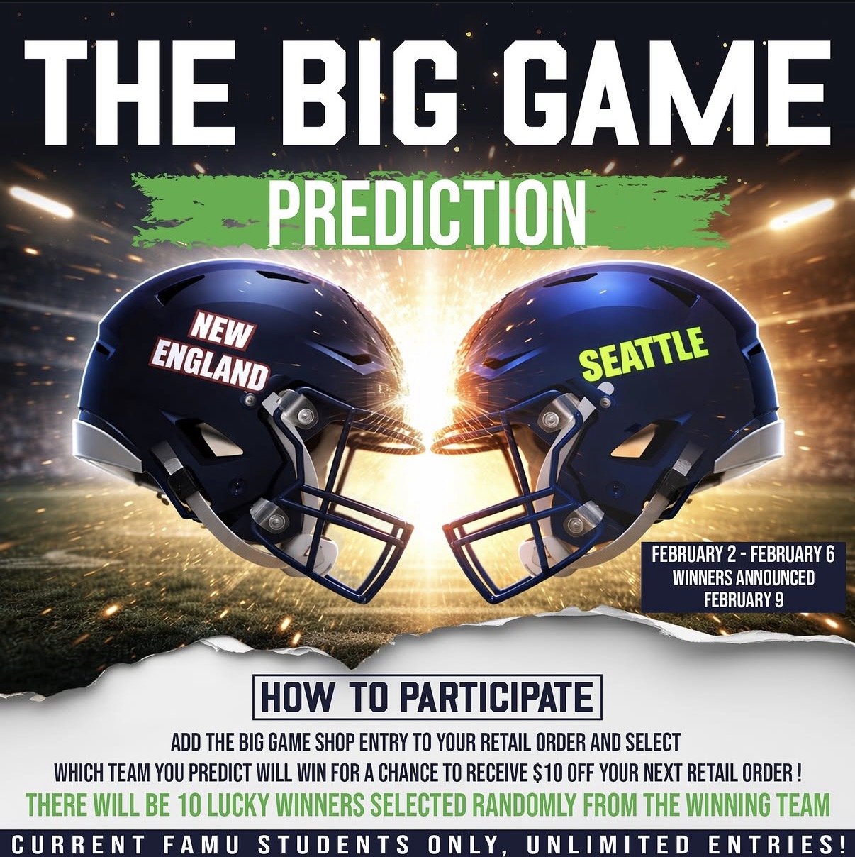 Created a themed giveaway campaign around football's biggest championship weekend, leveraging a timely cultural moment to drive audience engagement and increase participation and sales at our campus restaurants, my digital marketing intern designed t