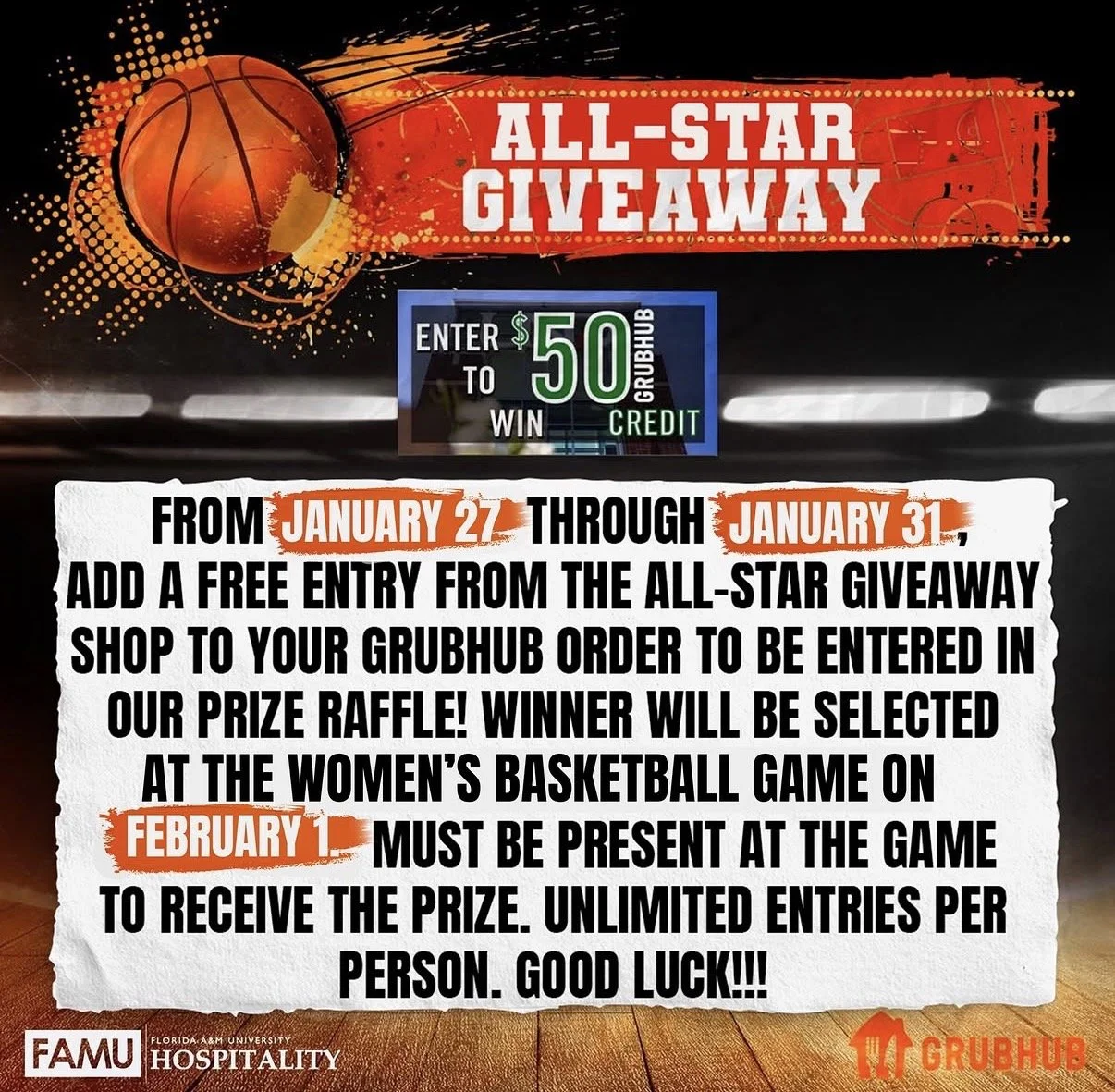 In collaboration with FAMU Athletics and Grubhub, I curated this giveaway to boost student attendance at the basketball games.  My digital marketing intern designed the promotional graphics.