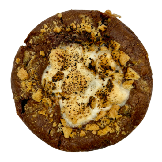 Chocolate cookies with marshmallows, graham cracker pieces, and mini chocolate chips on a white marble surface.