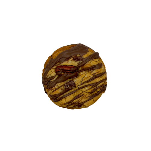 Cookie drizzled with chocolate and dtopped with a pecan