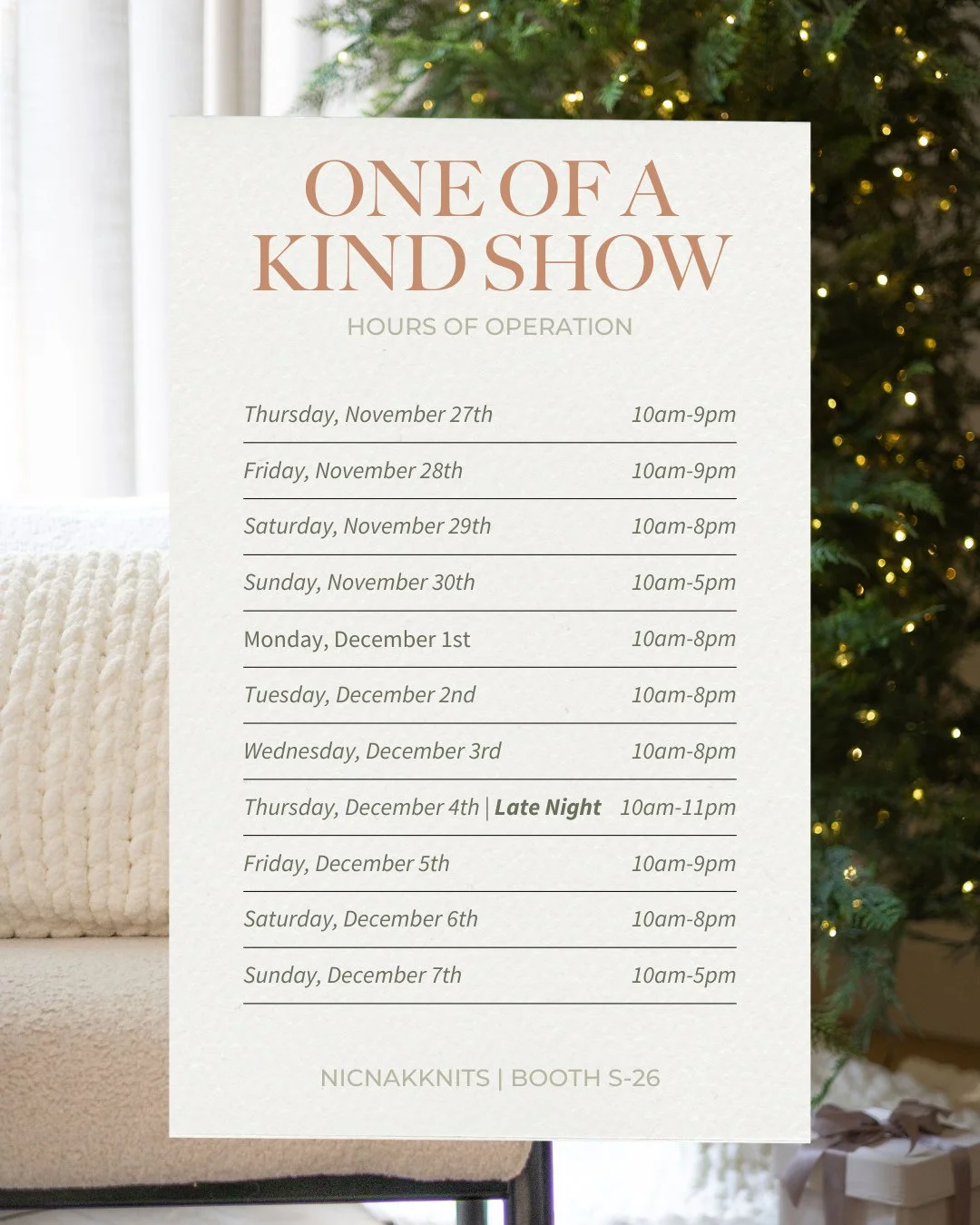 It&rsquo;s the most wonderful time of the year &mdash; the One Of A Kind Winter Show opens tomorrow! 🤍✨⁠
⁠
We&rsquo;ll be set up at Booth S-26 with all your favourite cozy knits (and a few new designs as well 👀).⁠
⁠
Here&rsquo;s when you can find u