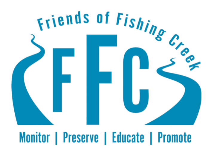Blue text reading FFC with text above saying Friends of Fishing Creek and text below saying monitor, preserve, educate, promote