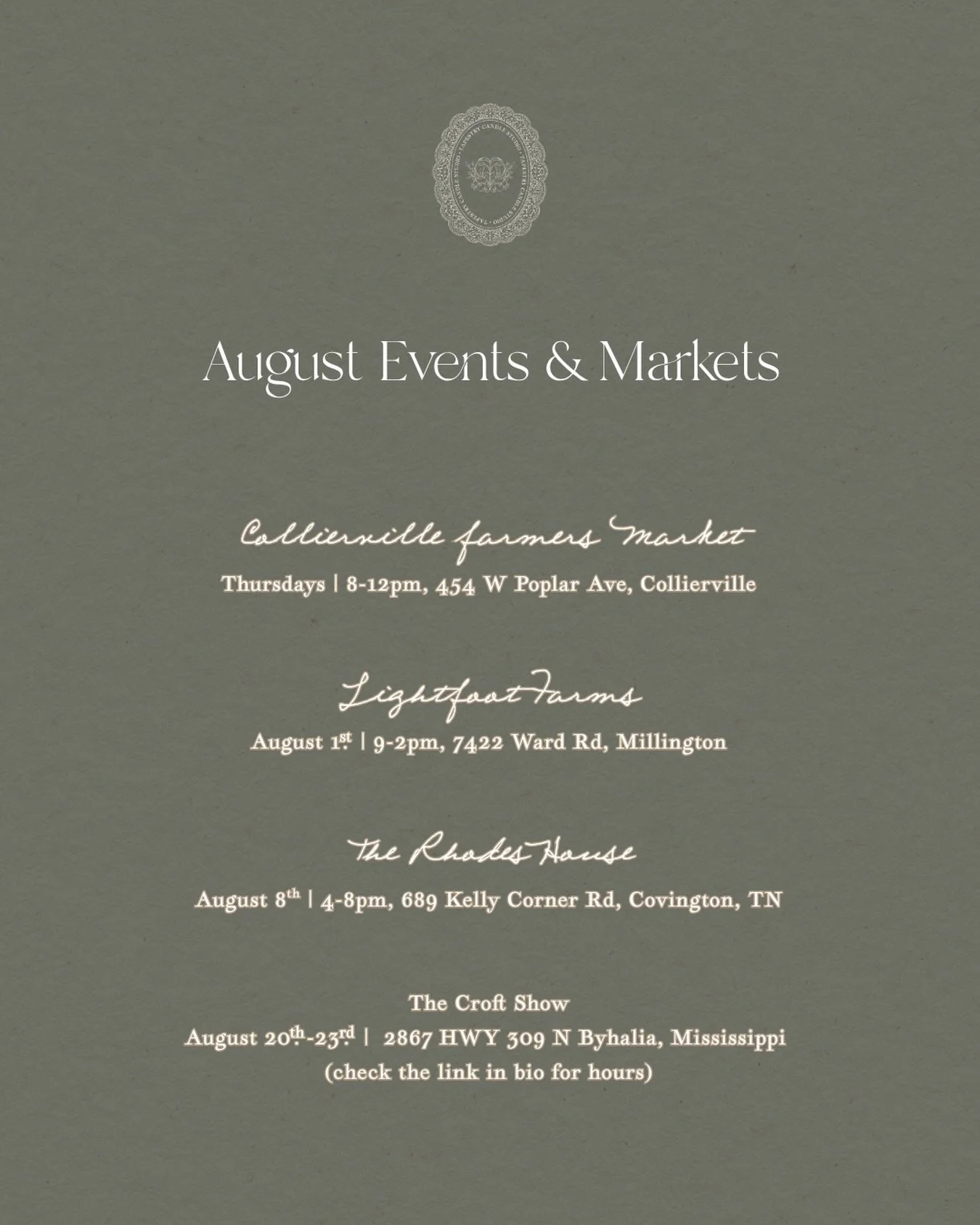 save these dates before august slips away ✨

#memphismakers #colliervillefarmersmarket #thecroftshow #tapestrycandlestudio #romancetheordinary