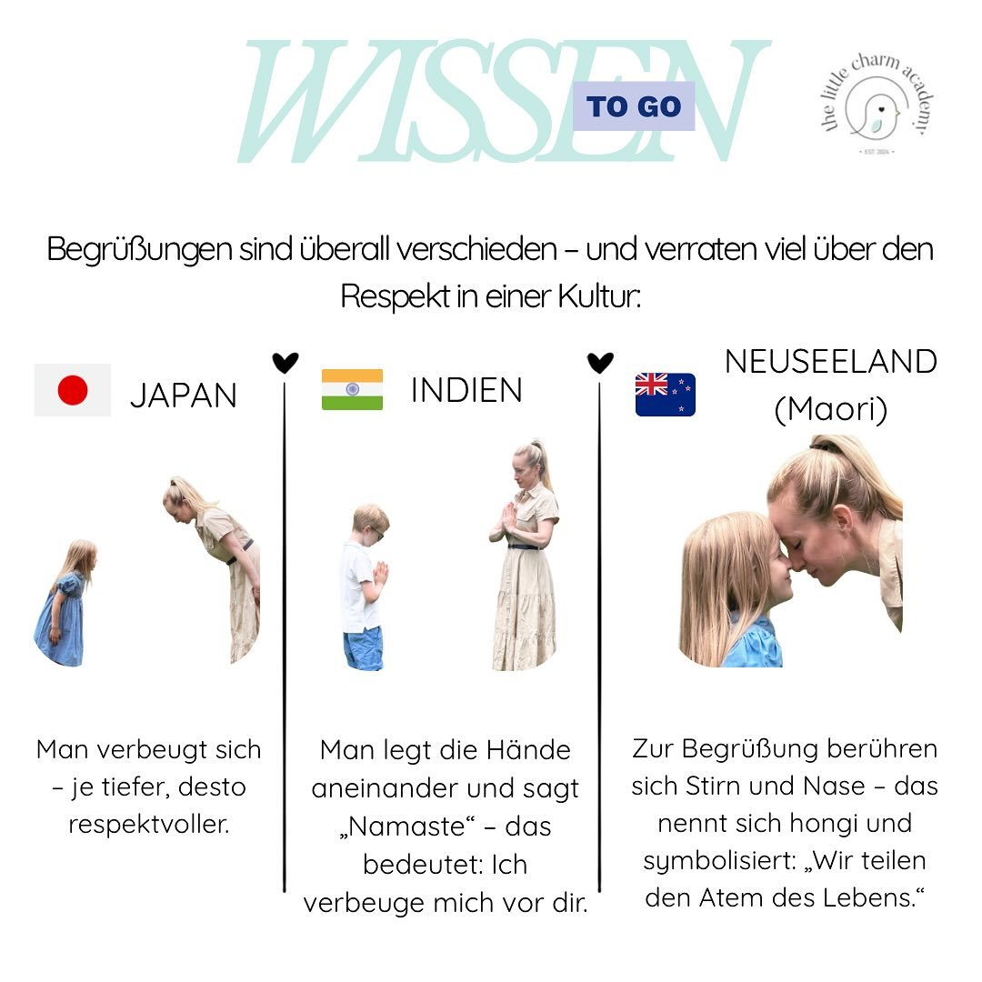So verschieden und doch so sch&ouml;n: Begr&uuml;&szlig;ungen auf der ganzen Welt zeigen, wie wir einander mit Respekt begegnen.
Ein kleiner Moment &ndash; mit gro&szlig;er Bedeutung. 

Jetzt einen Platz sichern!
In der Little Charm Academy lernen Ki