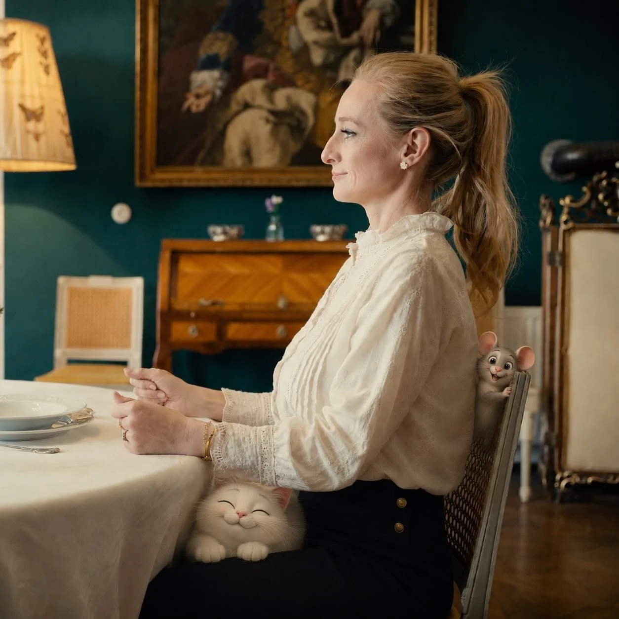 Eine elegante Haltung am Tisch ist ganz leicht umgesetzt, wenn du dir zwei lustige Dinge vorstellst: 
Hinter dem R&uuml;cken l&auml;sst du Platz f&uuml;r eine kleine Maus und zwischen Bauch und Tisch sollte es sich eine kleine Katze so richtig gem&uu