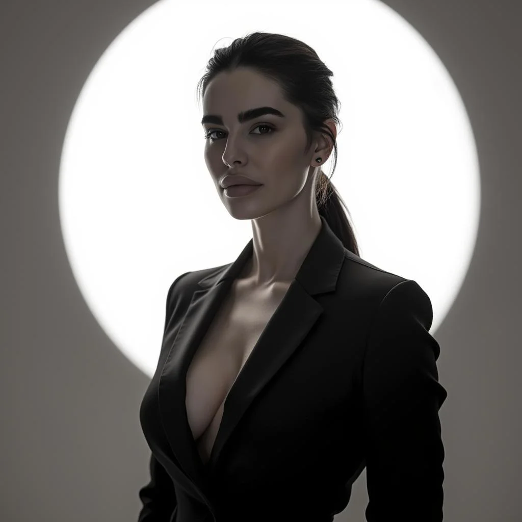 A woman with dark hair and eyebrows, wearing a black blazer, standing in front of a bright circular background.