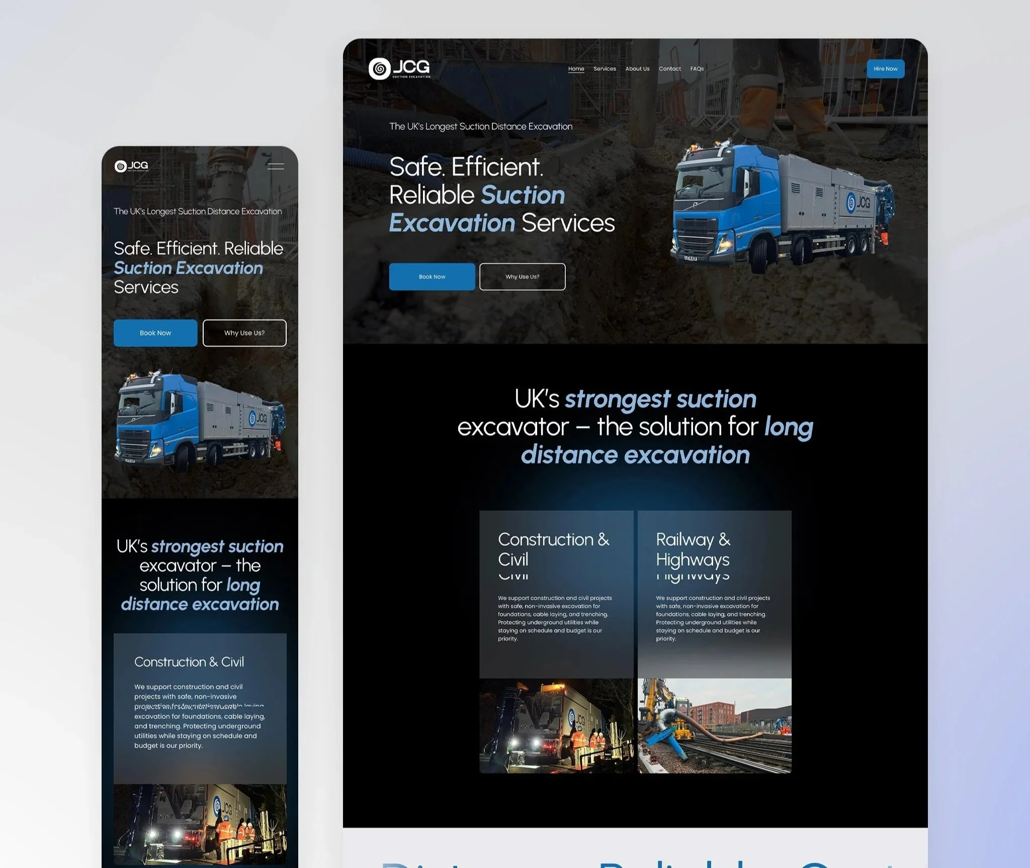 Screenshot of a website promoting JCG suction excavation services with a blue suction excavation truck, background images of construction sites, and text emphasizing safety, efficiency, and reliability for long-distance excavation projects.