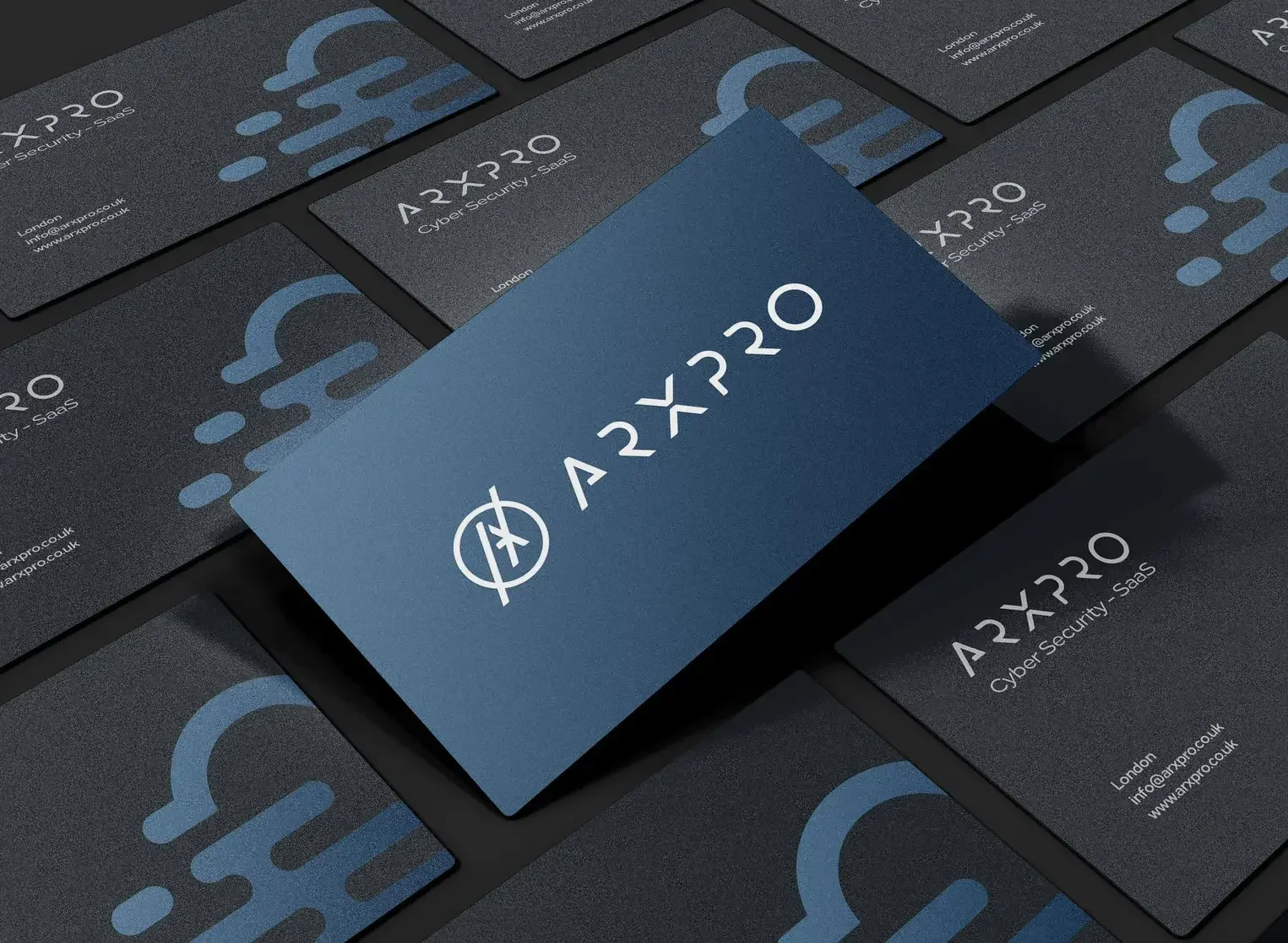 Close-up of multiple business cards for ARXPRO Cyber Security SaaS, featuring a blue cloud logo, with one card prominently displaying the company's name and contact information.