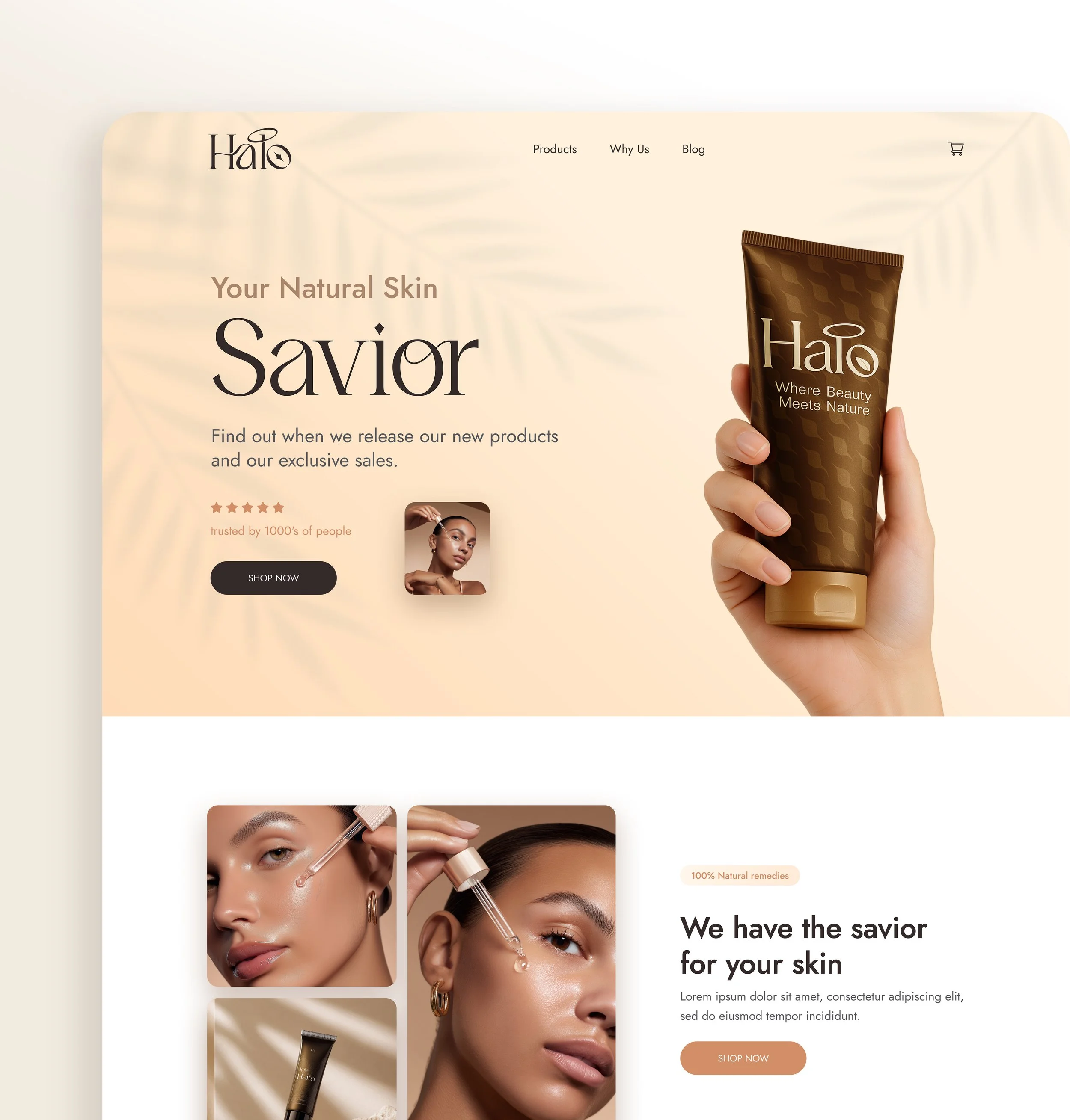 Website homepage showcasing skincare products, featuring a woman with clear skin applying a serum, with text promoting natural skin remedies and images of skincare tubes.