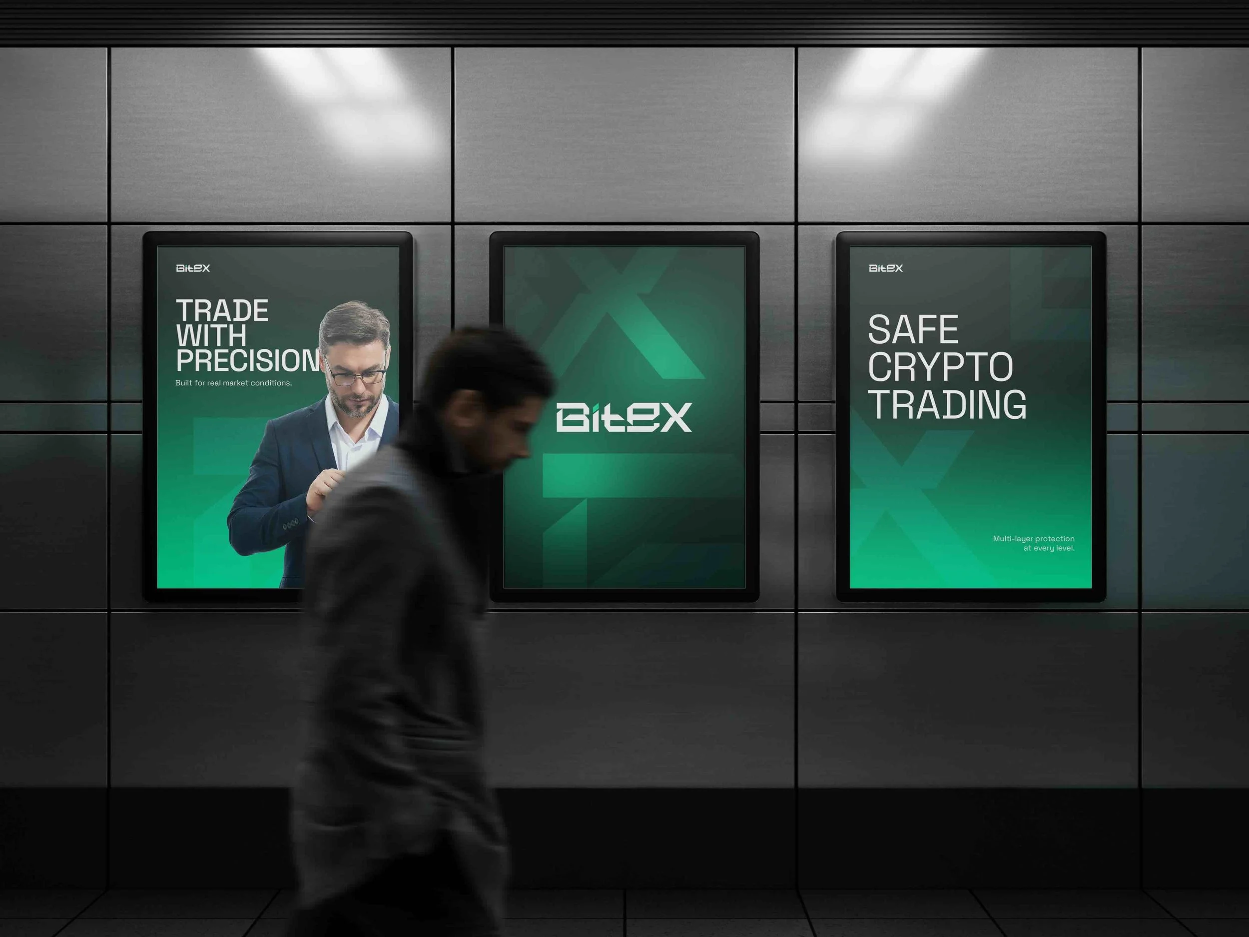 A person walking past a wall with digital advertisements for BitEx, a cryptocurrency trading platform, displaying slogans like "Trade with precision" and "Safe crypto trading."