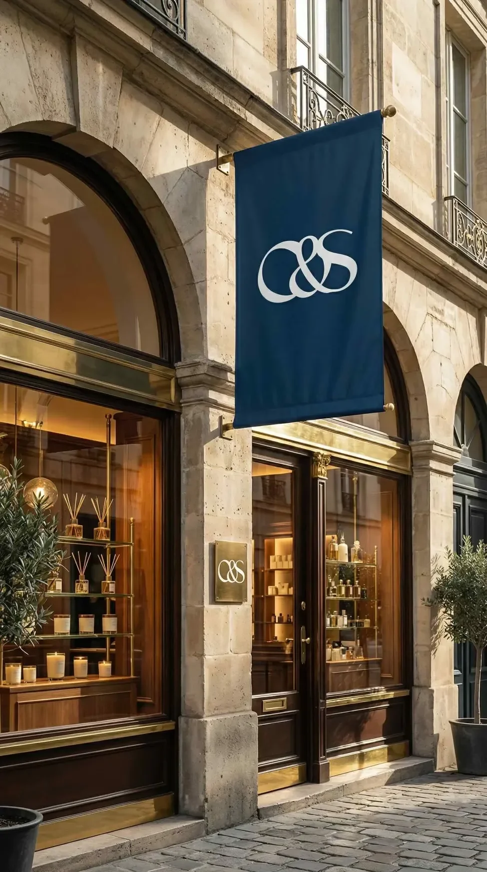 Storefront branding mock-up with stone facade, large arched windows, and a blue flag with white logo reading 'C&S'. The window displays candles and diffusers, with potted plants outside.