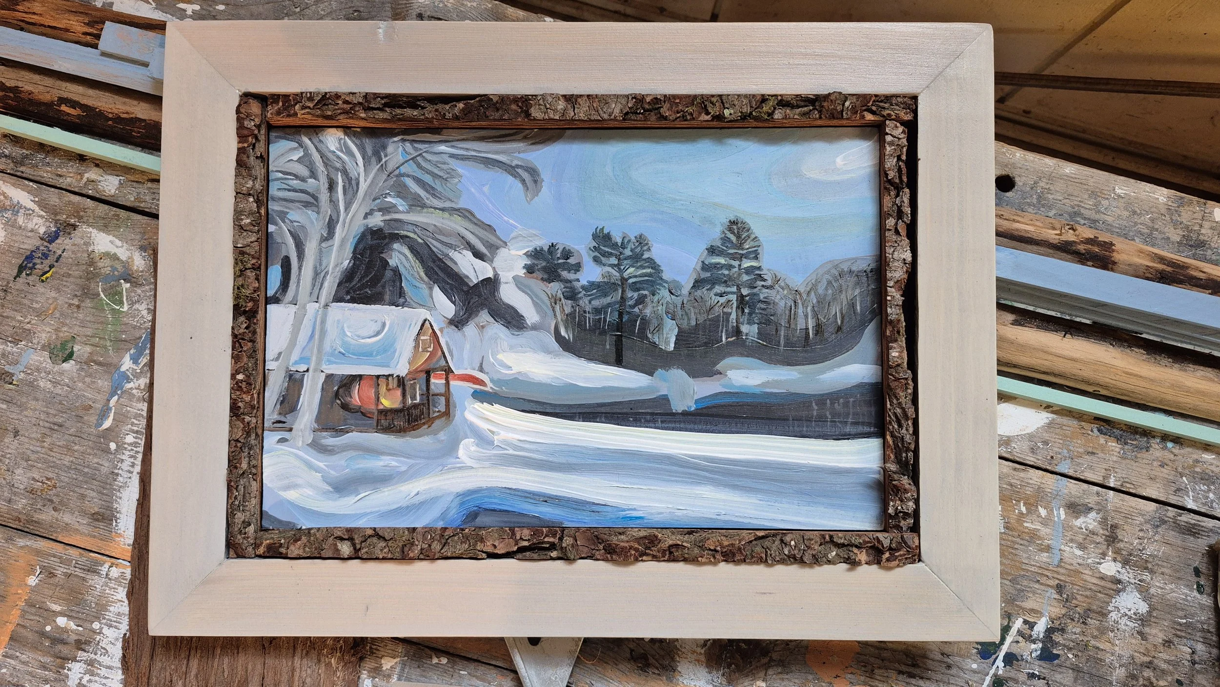 Sue's House painting -Frame progressing.. Fir bark cut strip.