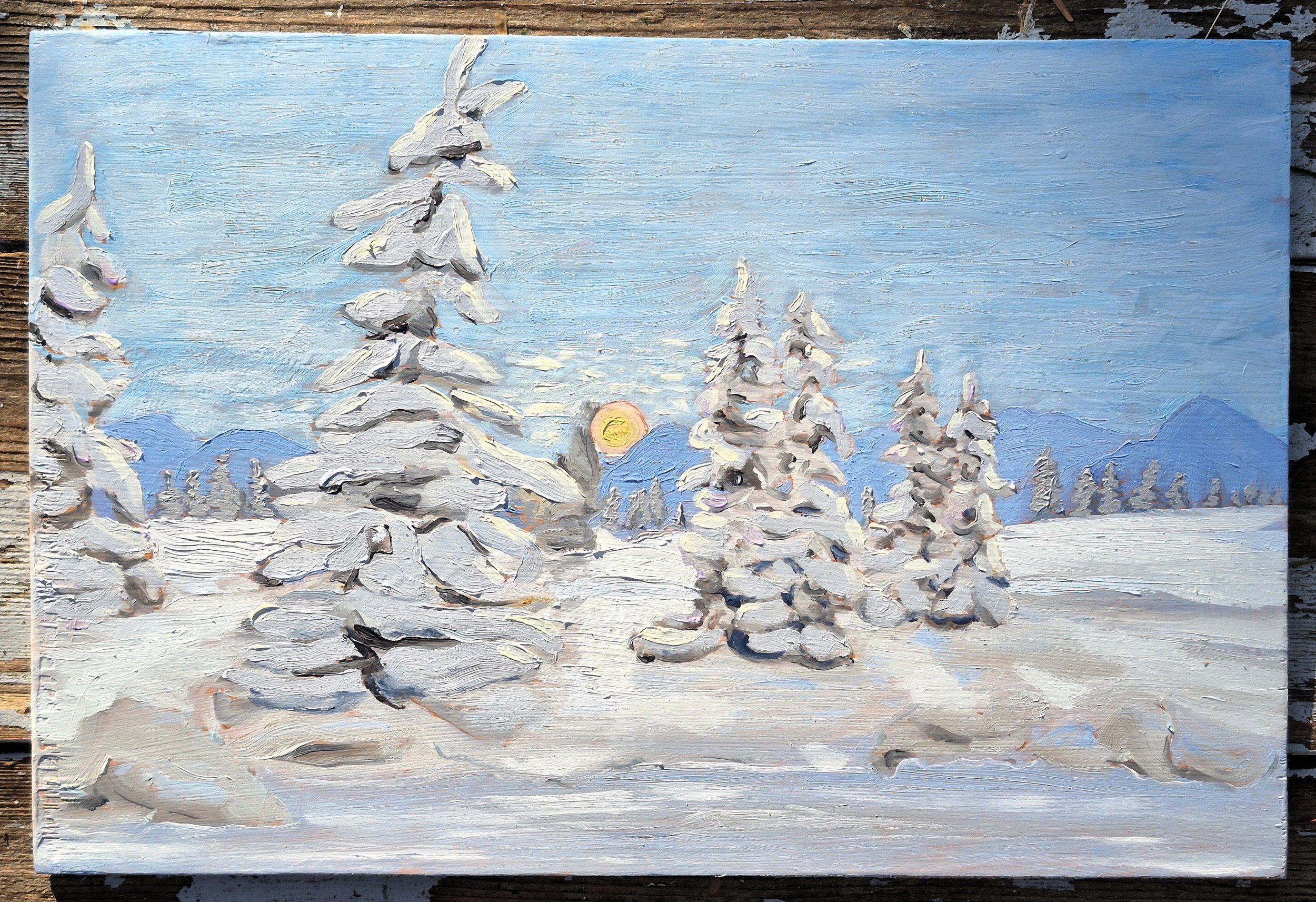 My childhood buddy is in the north and posted a picture of High Noon, so I painted my rendition of his photo. 