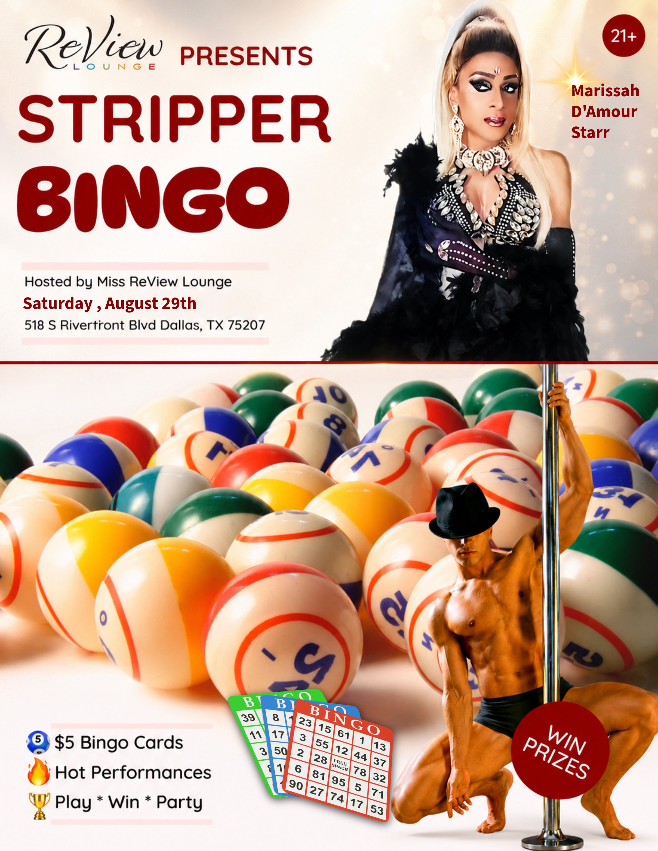 It&rsquo;s that time again! Stripper Bingo this Saturday, August 20th
at ReView Lounge
Hosted by Marissah Starr
🔥 Featuring the All Male ReView Dancers
🎱 Play Bingo
🏆 Win Prizes
🍸 Drinks &bull; Dancers &bull; Bingo &bull; Fun
518 S Riverfront Blv