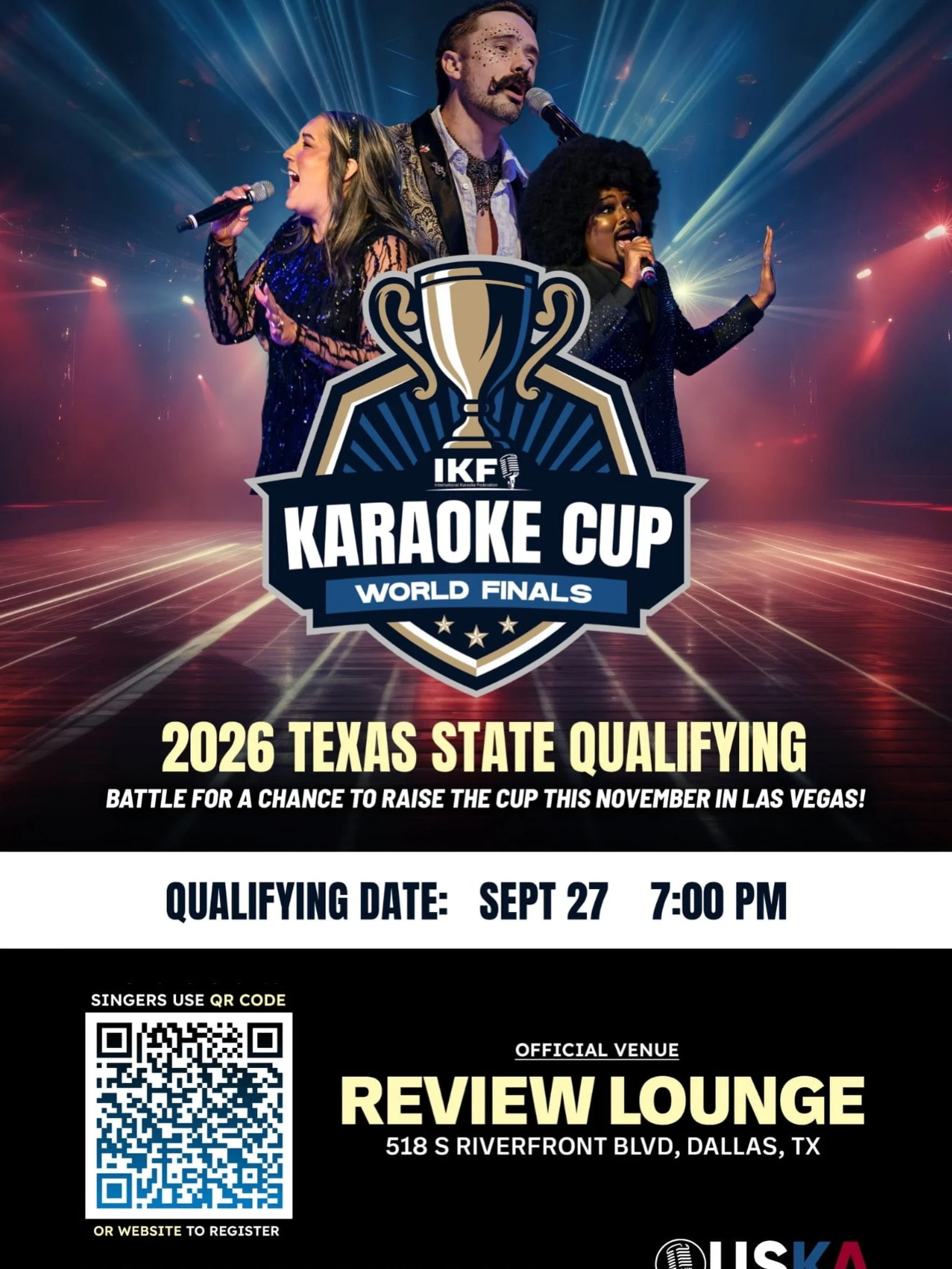Join us one more time on September 27th for the USKA Texas State Qualifying starting at 7pm. Singers use the QR code or go to the USKA website to register. #karaoke #karaokecup