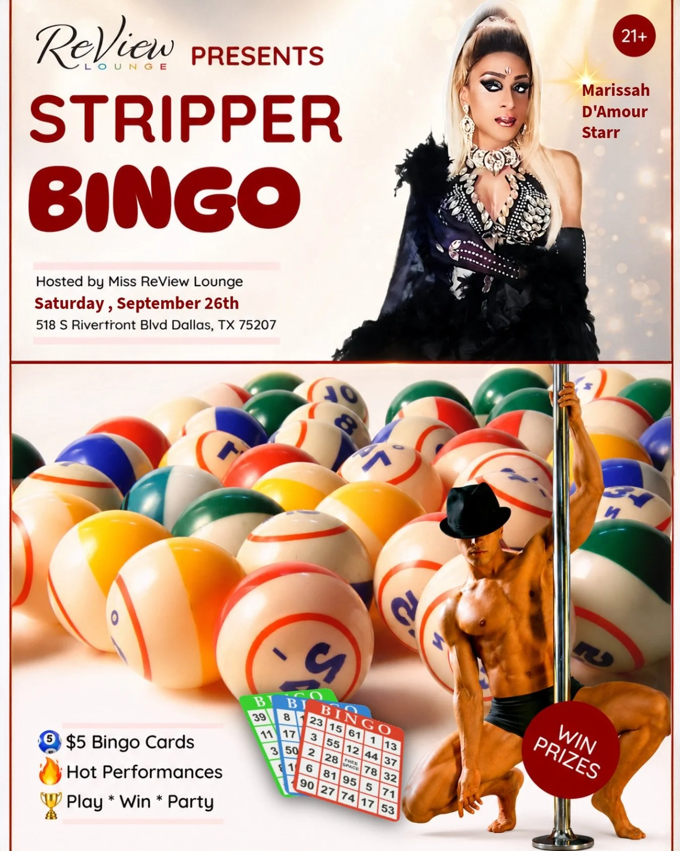 Don&rsquo;t miss Stripper Bingo this Saturday at 10 PM, hosted by @marissah_starr! 🎉

📍 ReView Lounge
🍹 Happy Hour: 6&ndash;9 PM
🎱 Stripper Bingo: 10 PM