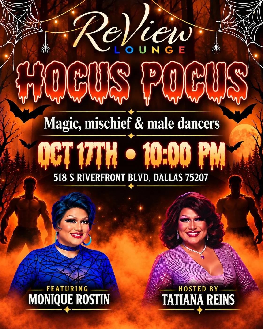 HOCUS POCUS! 🔥🦇
Magic, Mischief &amp; Male Dancers! 😈

Things are getting wicked at ReView Lounge this Saturday, October 17th!

Join us for a night of spooky fun, fabulous drag, sexy male dancers, and a little Halloween mischief! Come dressed to i