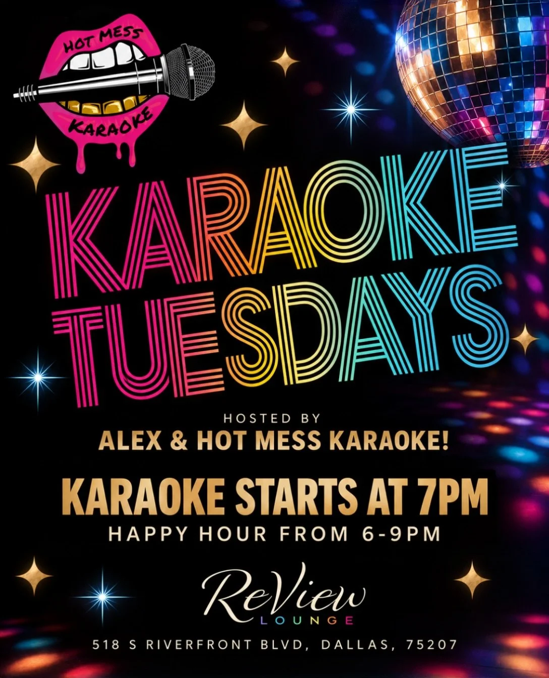 🎤🪩 KARAOKE IS BACK AT REVIEW LOUNGE! 🪩🎤
Starting Tuesday, October 27th, we&rsquo;re bringing karaoke back to ReView Lounge!
Join us every Tuesday from 7&ndash;10 PM for Karaoke Tuesdays, hosted by Alex and Hot Mess Karaoke!
🎶 Sing your favorite 