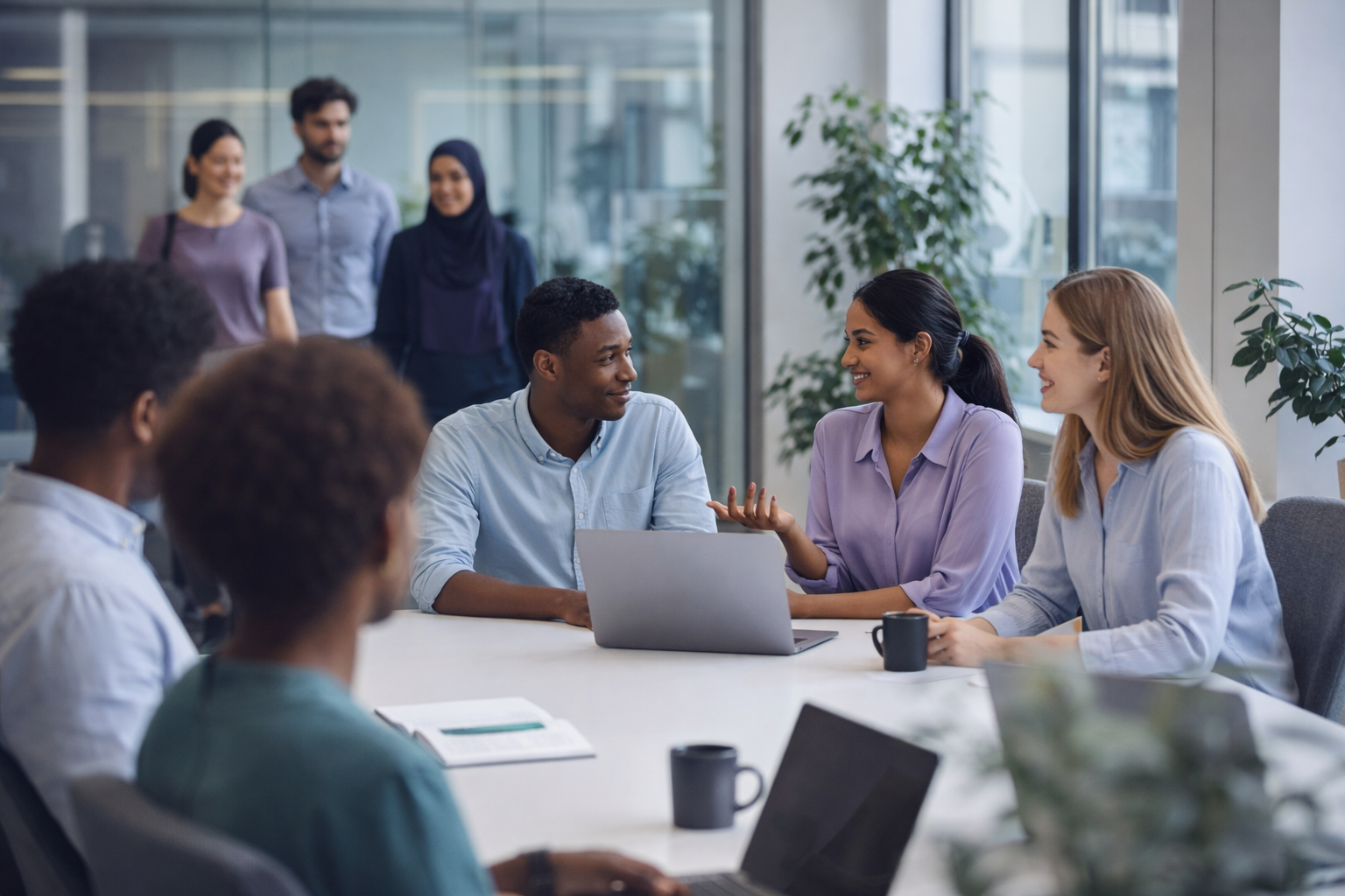 HR team reviewing resumes together in a modern office