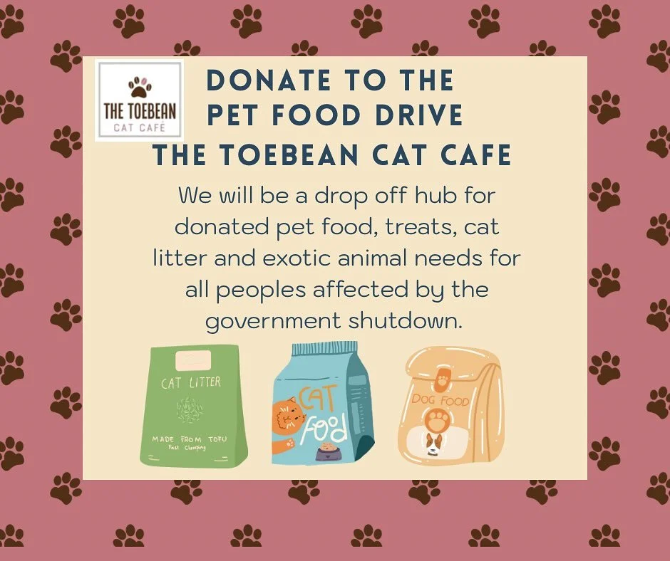 Starting today, we will be a drop off hub for cat food, dog food, cat litter, treats and exotic/small animal care needs for people who have been affected by the government shut down. You can drop all things off at our front desk and we will ensure it