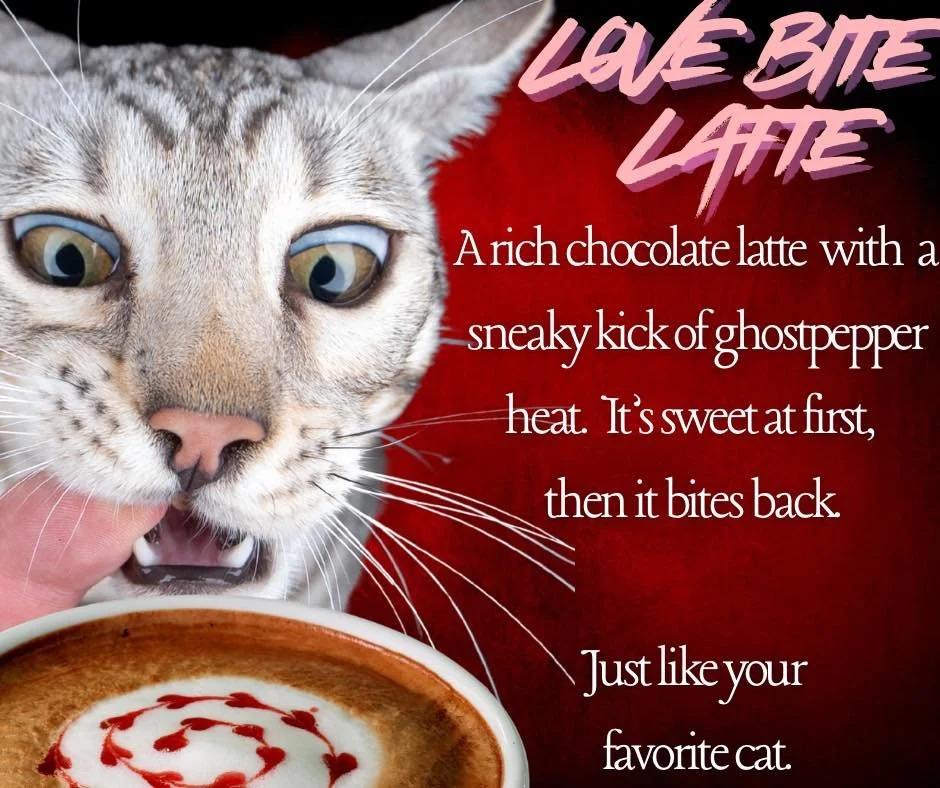 Valentine&rsquo;s special incoming 💘 

Meet the Love Bite Latte &mdash; a rich chocolate latte with JT Copper&rsquo;s Firecracker syrup, made nearby in Floyd, VA. It starts sweet&hellip; and then the ghost pepper heat kicks in. 

Just like a real lo