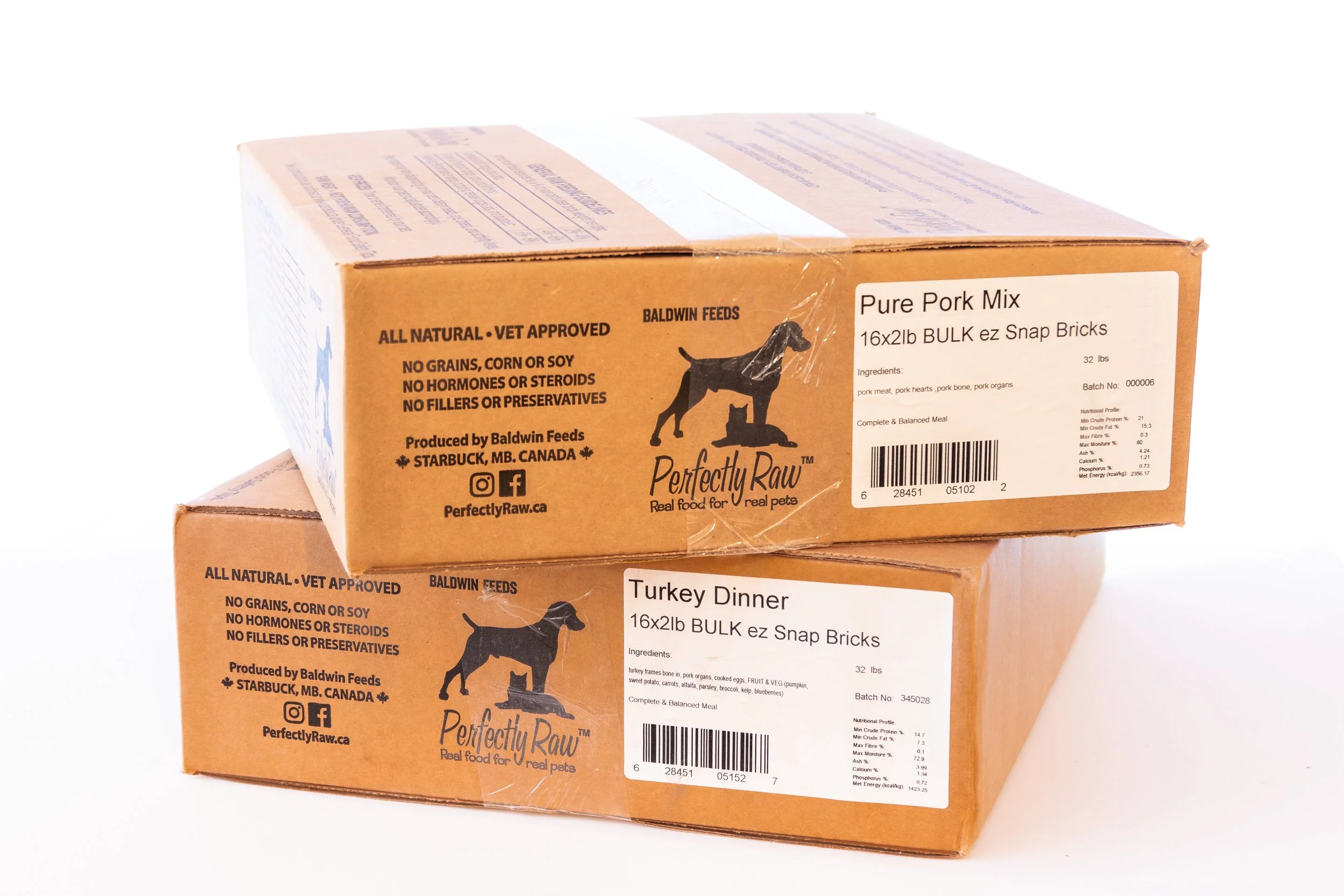 32lb case exterior : each white label includes a batch number, ingredient breakdowns, and the box itself contains feeding guidelines and other information